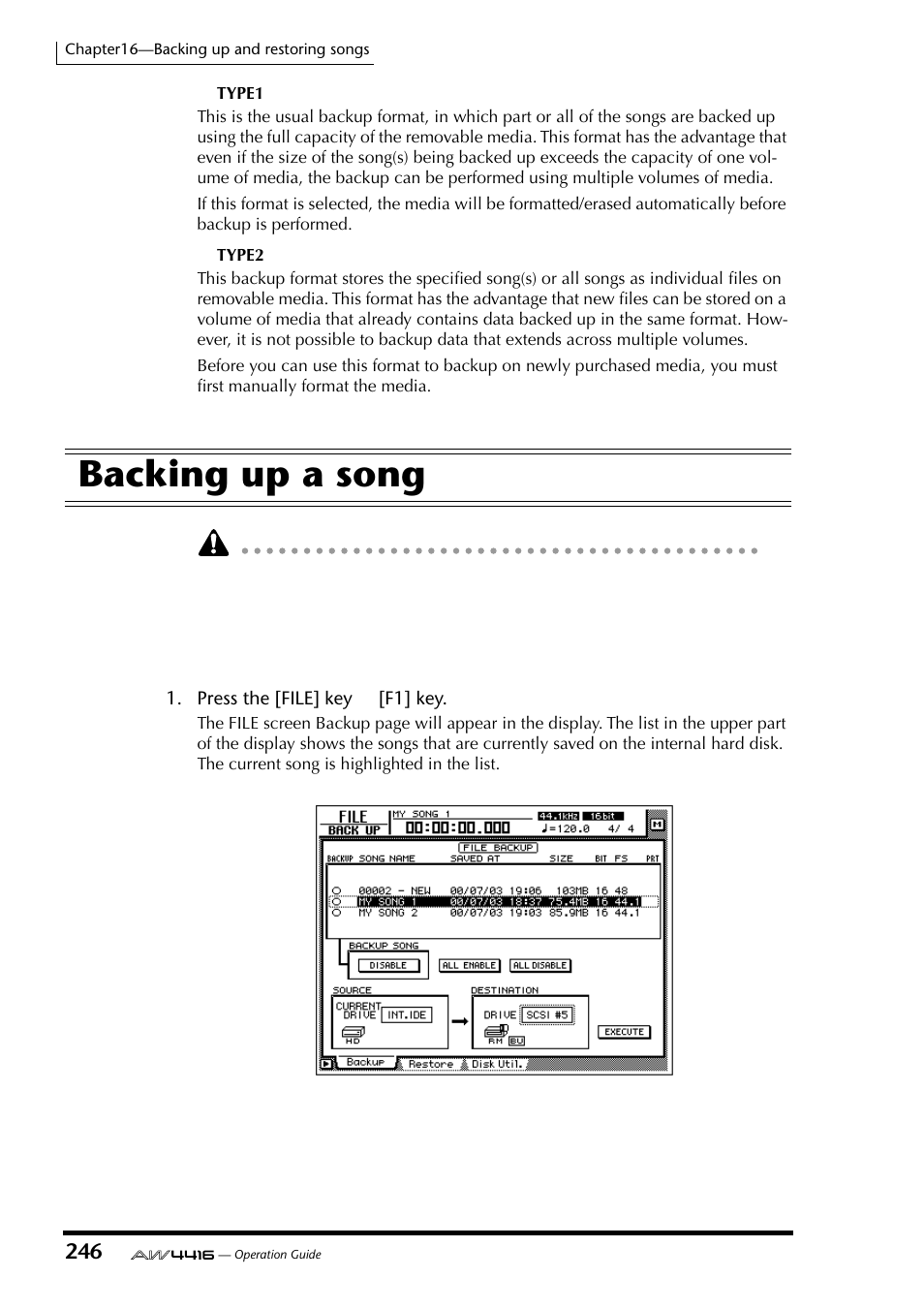 Backing up a song | Yamaha Professional Audio Workstation AW4416 User Manual | Page 261 / 507