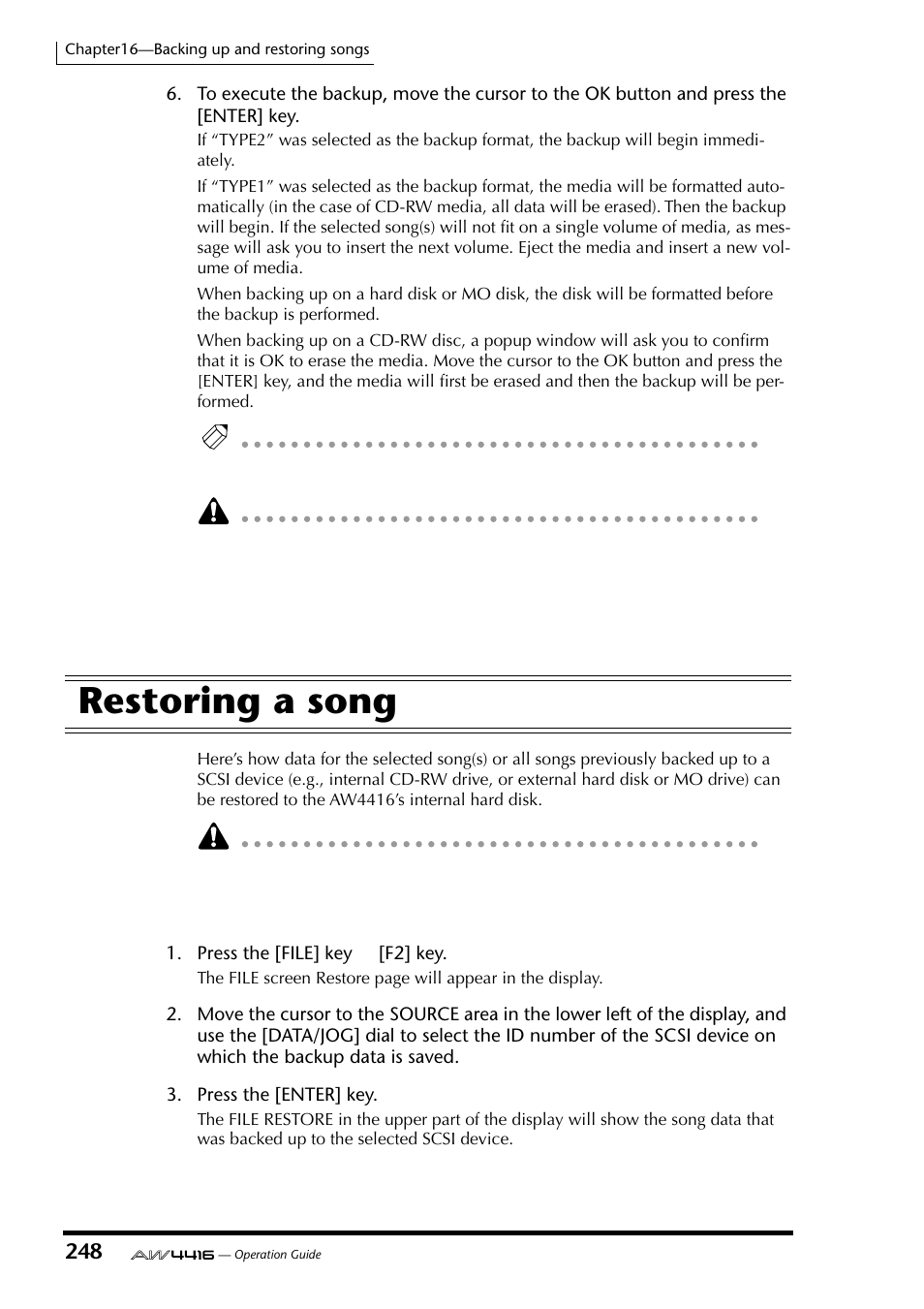 Restoring a song | Yamaha Professional Audio Workstation AW4416 User Manual | Page 263 / 507