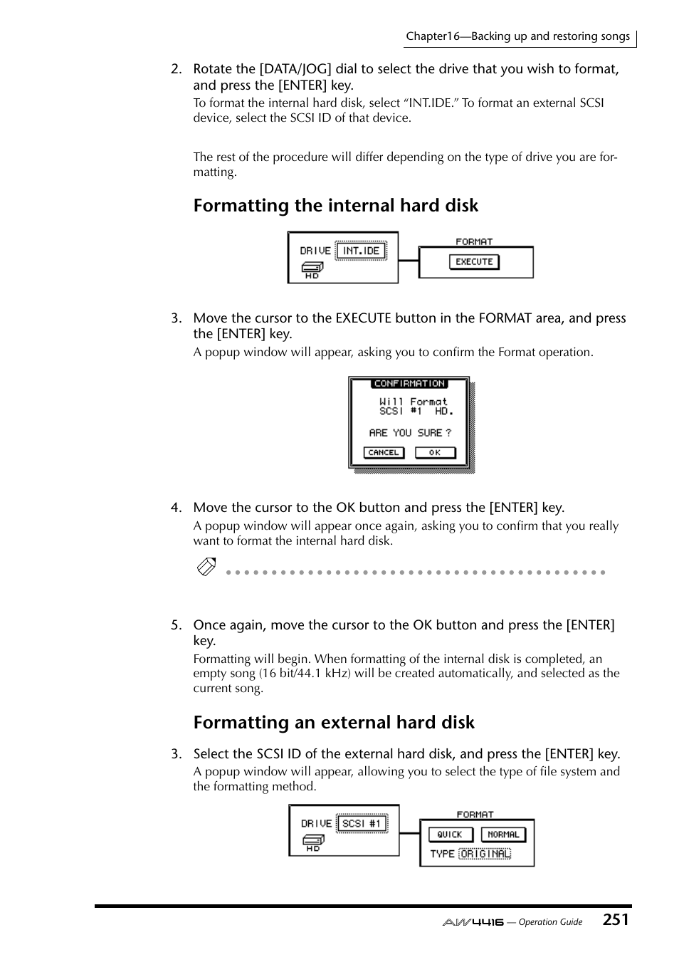 Formatting the internal hard disk, Formatting an external hard disk | Yamaha Professional Audio Workstation AW4416 User Manual | Page 266 / 507