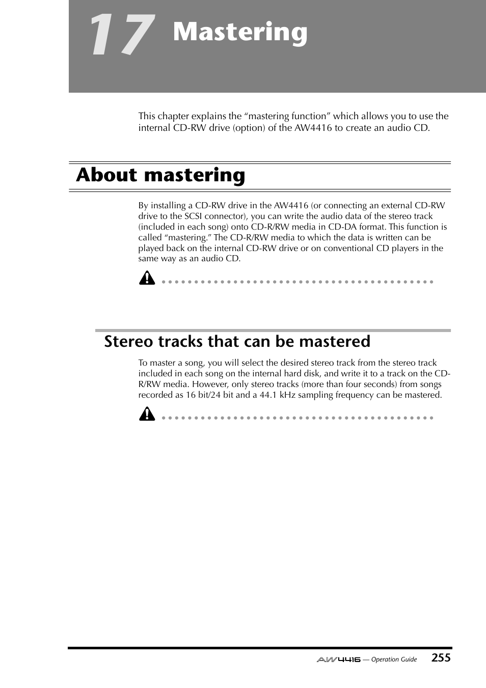 17 mastering, About mastering, Stereo tracks that can be mastered | Chapter 17 mastering, Mastering | Yamaha Professional Audio Workstation AW4416 User Manual | Page 270 / 507