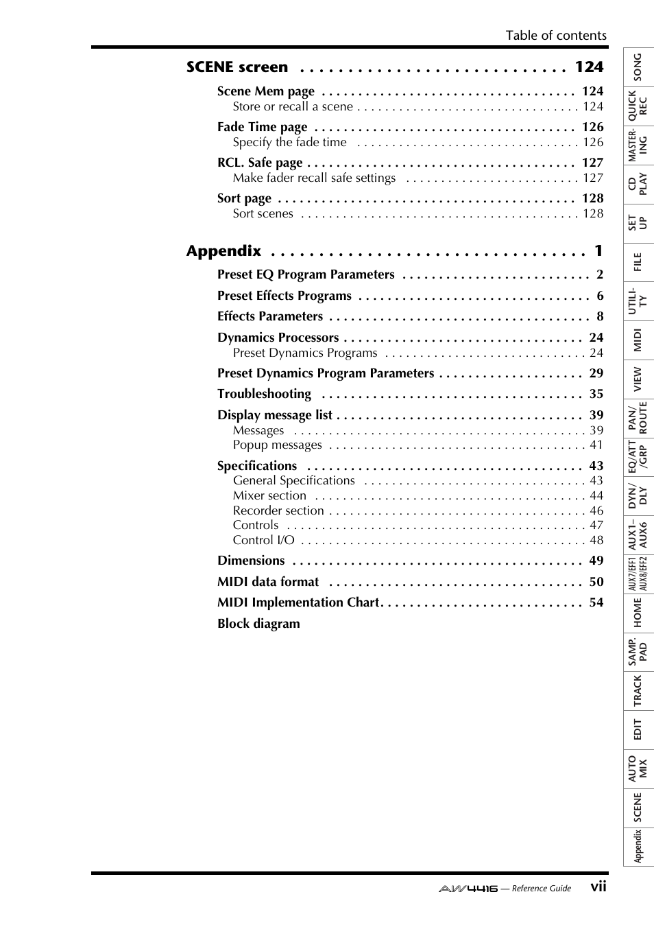 Vii scene screen, Appendix | Yamaha Professional Audio Workstation AW4416 User Manual | Page 287 / 507