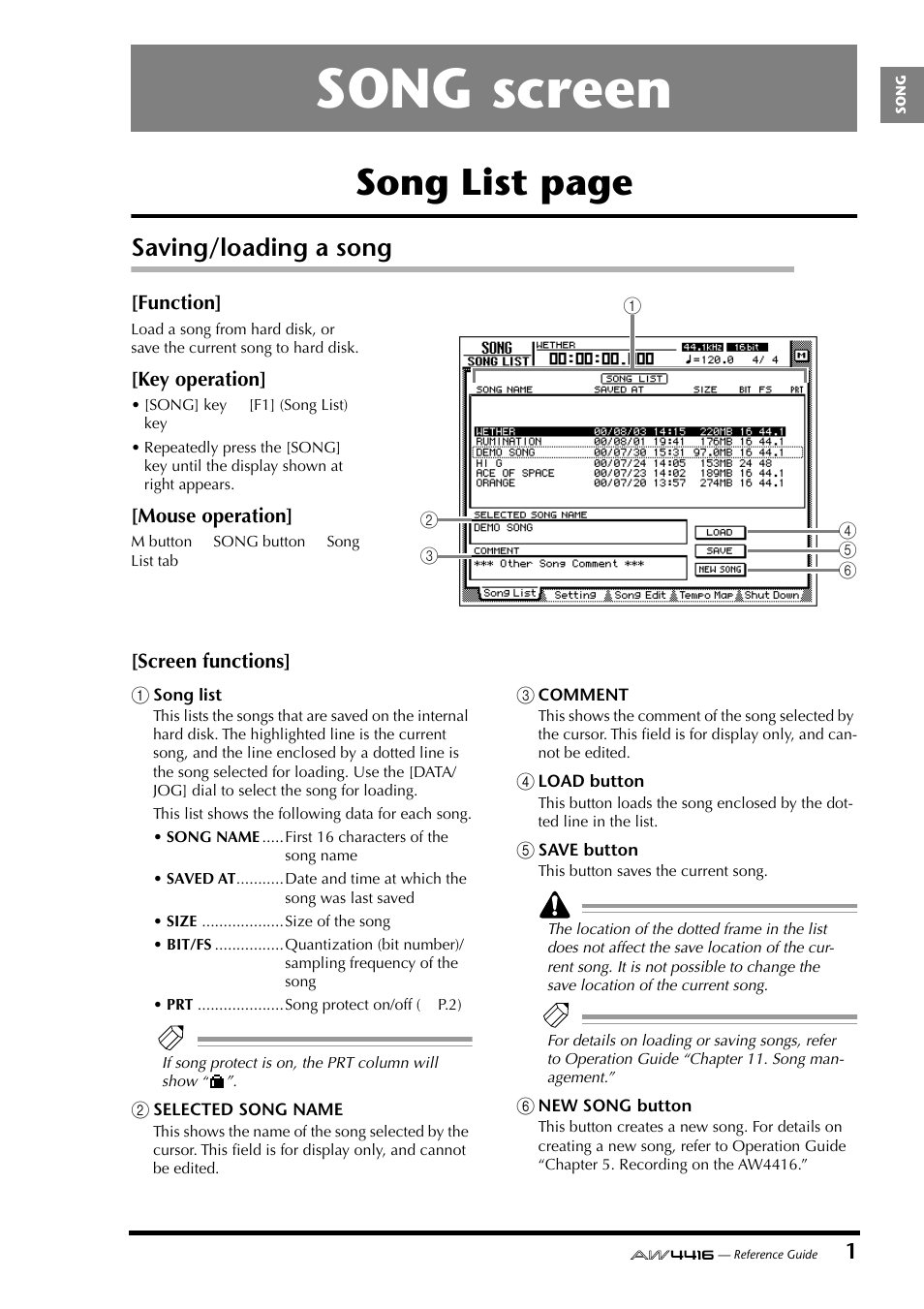 Song screen, Saving/loading a song, Song list page | Yamaha Professional Audio Workstation AW4416 User Manual | Page 289 / 507