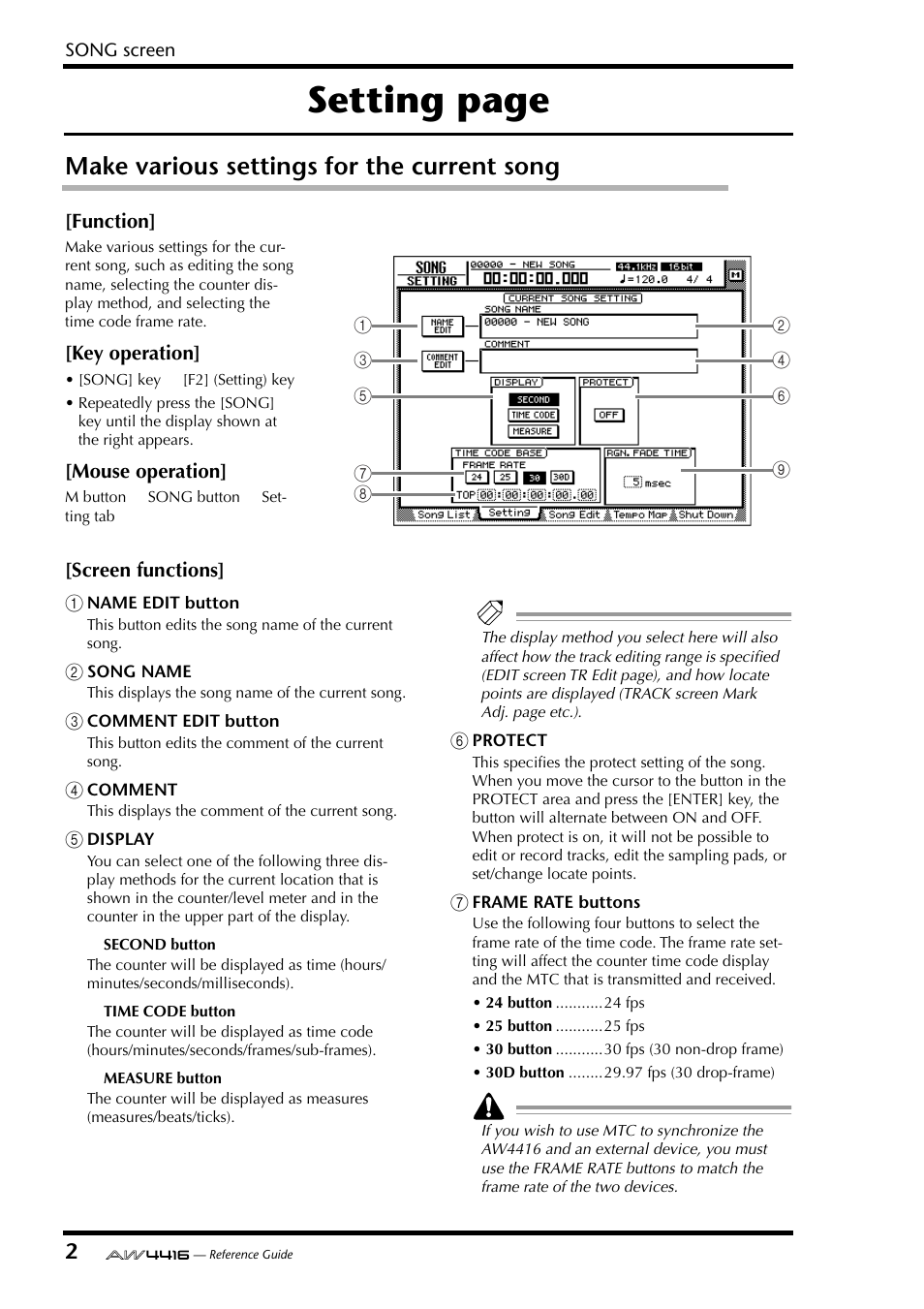 Make various settings for the current song, Setting page | Yamaha Professional Audio Workstation AW4416 User Manual | Page 290 / 507