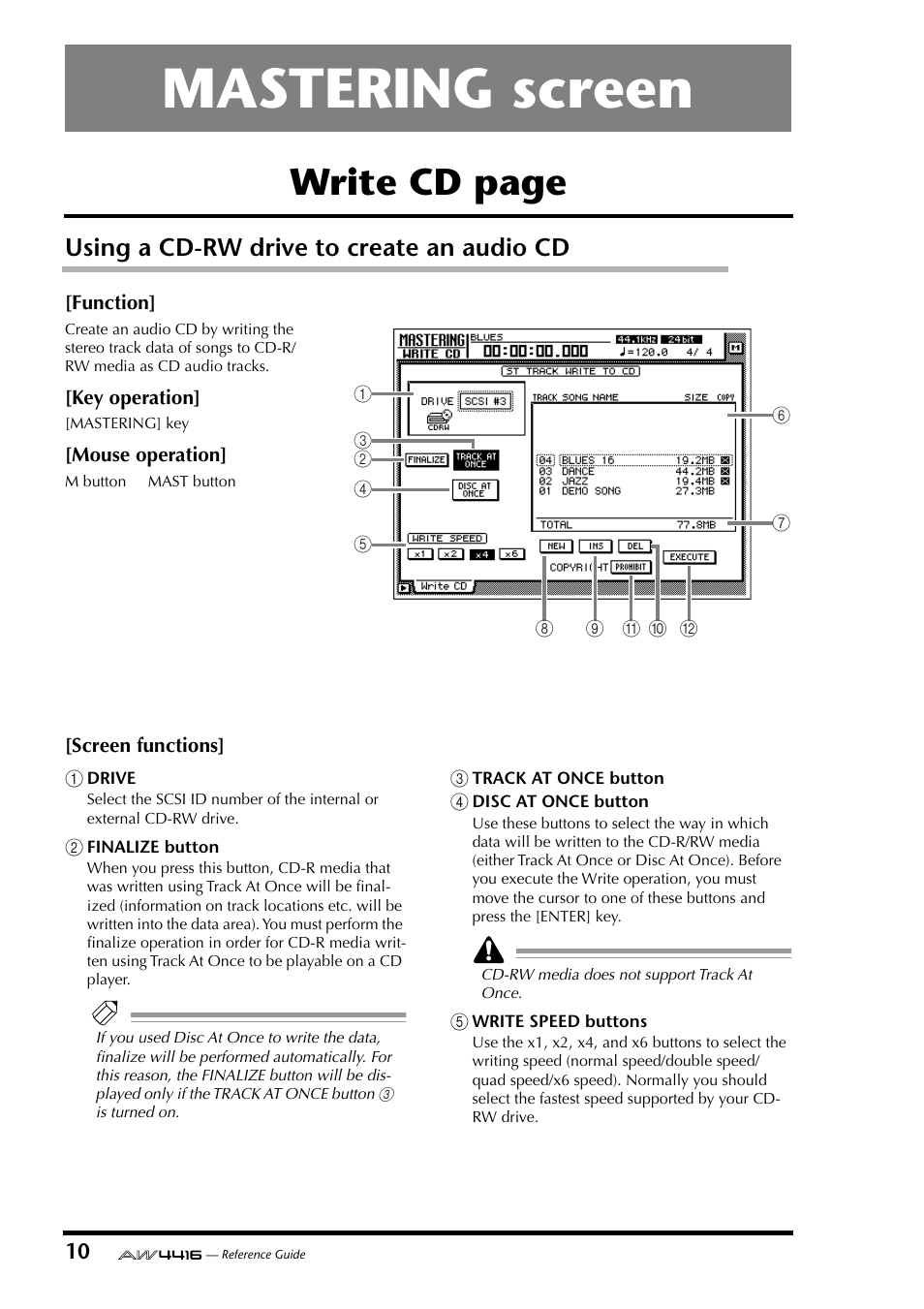 Mastering screen, Using a cd-rw drive to create an audio cd, Write cd page | Yamaha Professional Audio Workstation AW4416 User Manual | Page 298 / 507