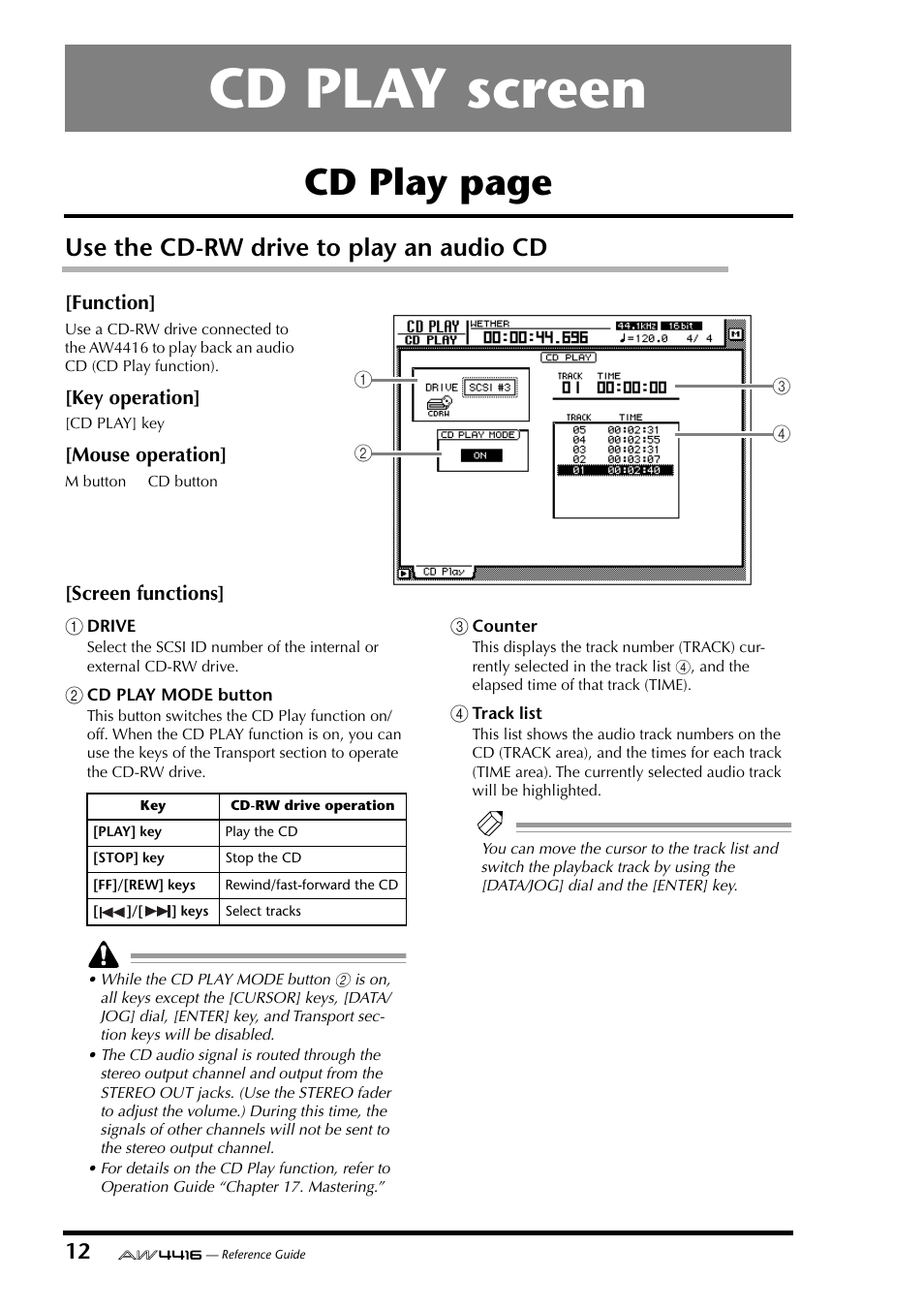 Cd play screen, Use the cd-rw drive to play an audio cd, Cd play page | Yamaha Professional Audio Workstation AW4416 User Manual | Page 300 / 507