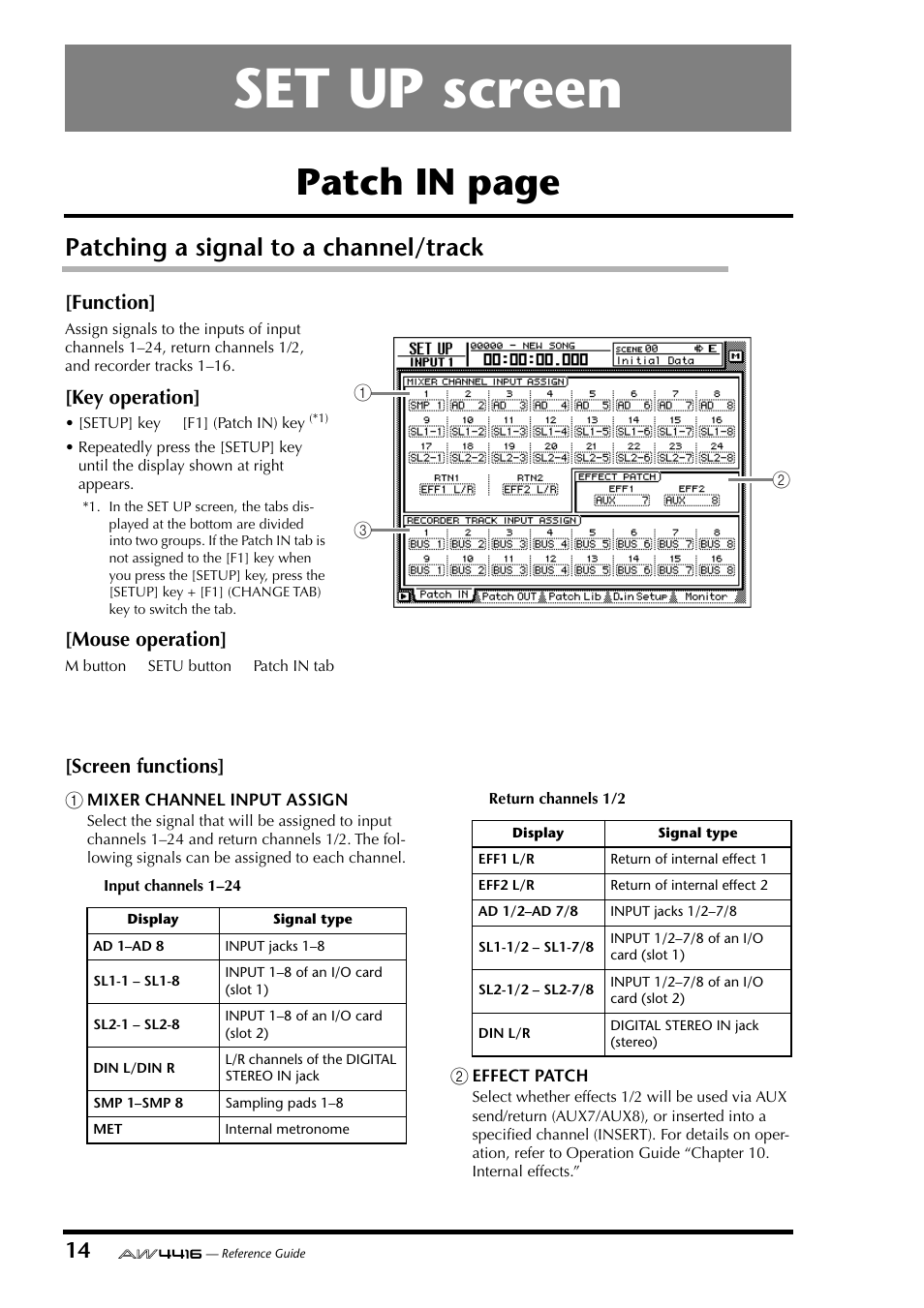 Set up screen, Patching a signal to a channel/track, Patch in page | Yamaha Professional Audio Workstation AW4416 User Manual | Page 302 / 507
