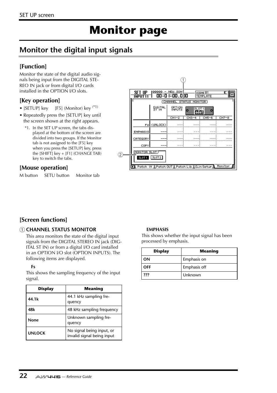 Monitor the digital input signals, Monitor page, Function | Key operation, Mouse operation, Screen functions | Yamaha Professional Audio Workstation AW4416 User Manual | Page 310 / 507
