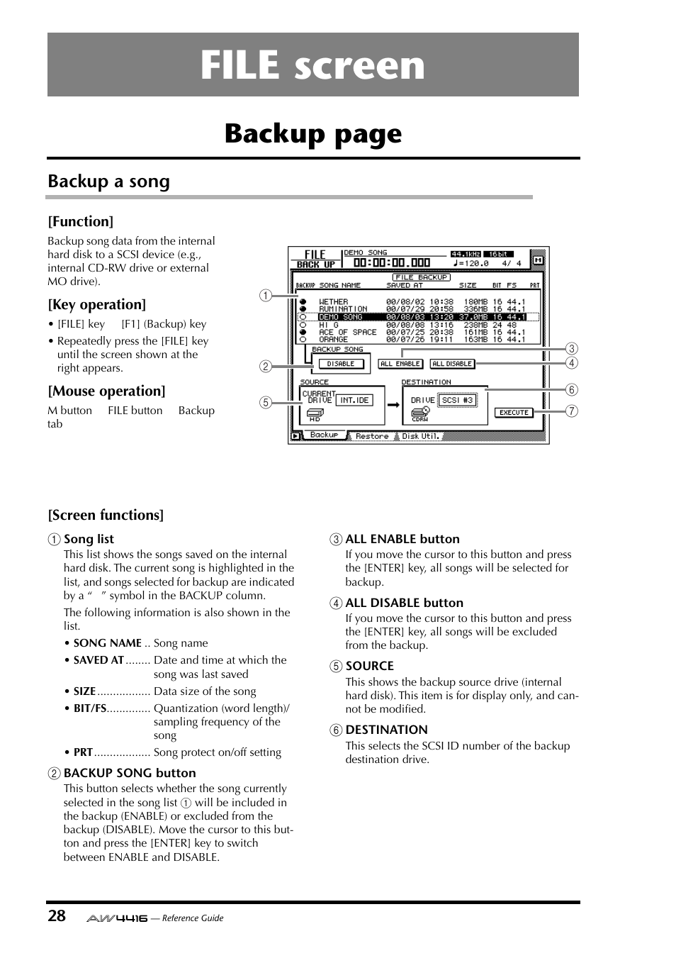 File screen, Backup a song, Backup page | Yamaha Professional Audio Workstation AW4416 User Manual | Page 316 / 507
