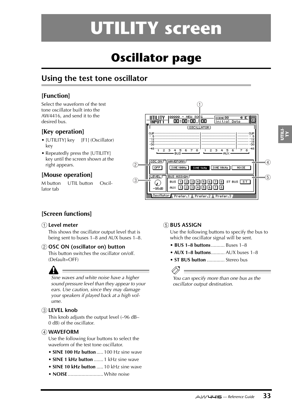 Utility screen, Using the test tone oscillator, Oscillator page | Yamaha Professional Audio Workstation AW4416 User Manual | Page 321 / 507