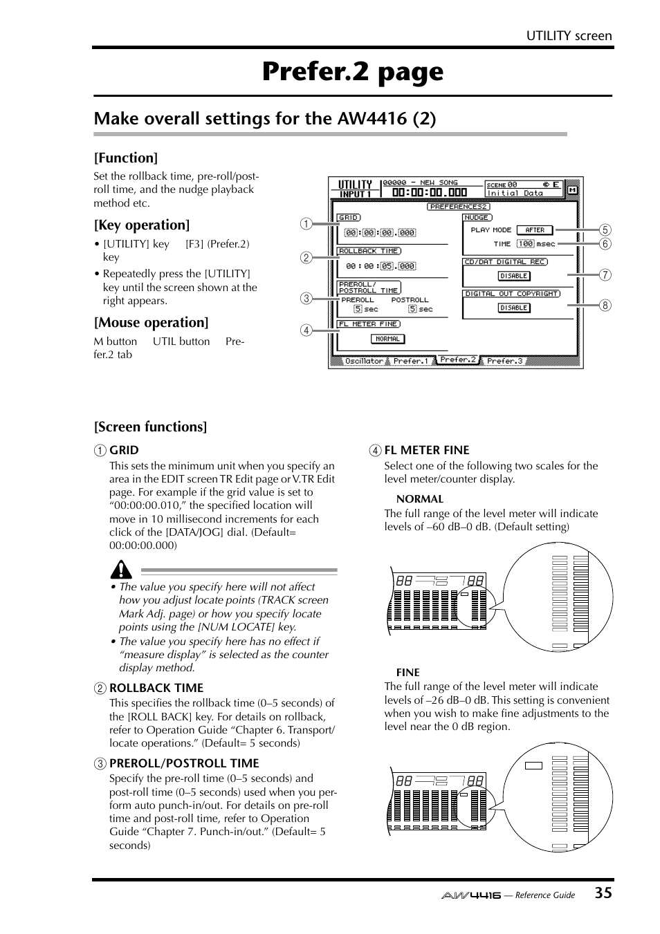 Make overall settings for the aw4416 (2), Prefer.2 page, Function | Key operation, Mouse operation, Screen functions, Utility screen, Grid, Rollback time, Preroll/postroll time | Yamaha Professional Audio Workstation AW4416 User Manual | Page 323 / 507