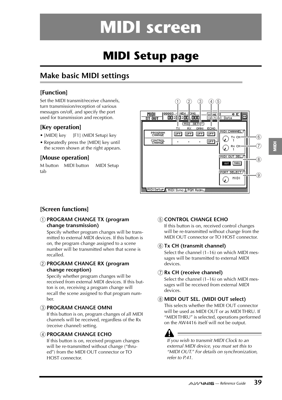 Midi screen, Make basic midi settings, Midi setup page | Yamaha Professional Audio Workstation AW4416 User Manual | Page 327 / 507