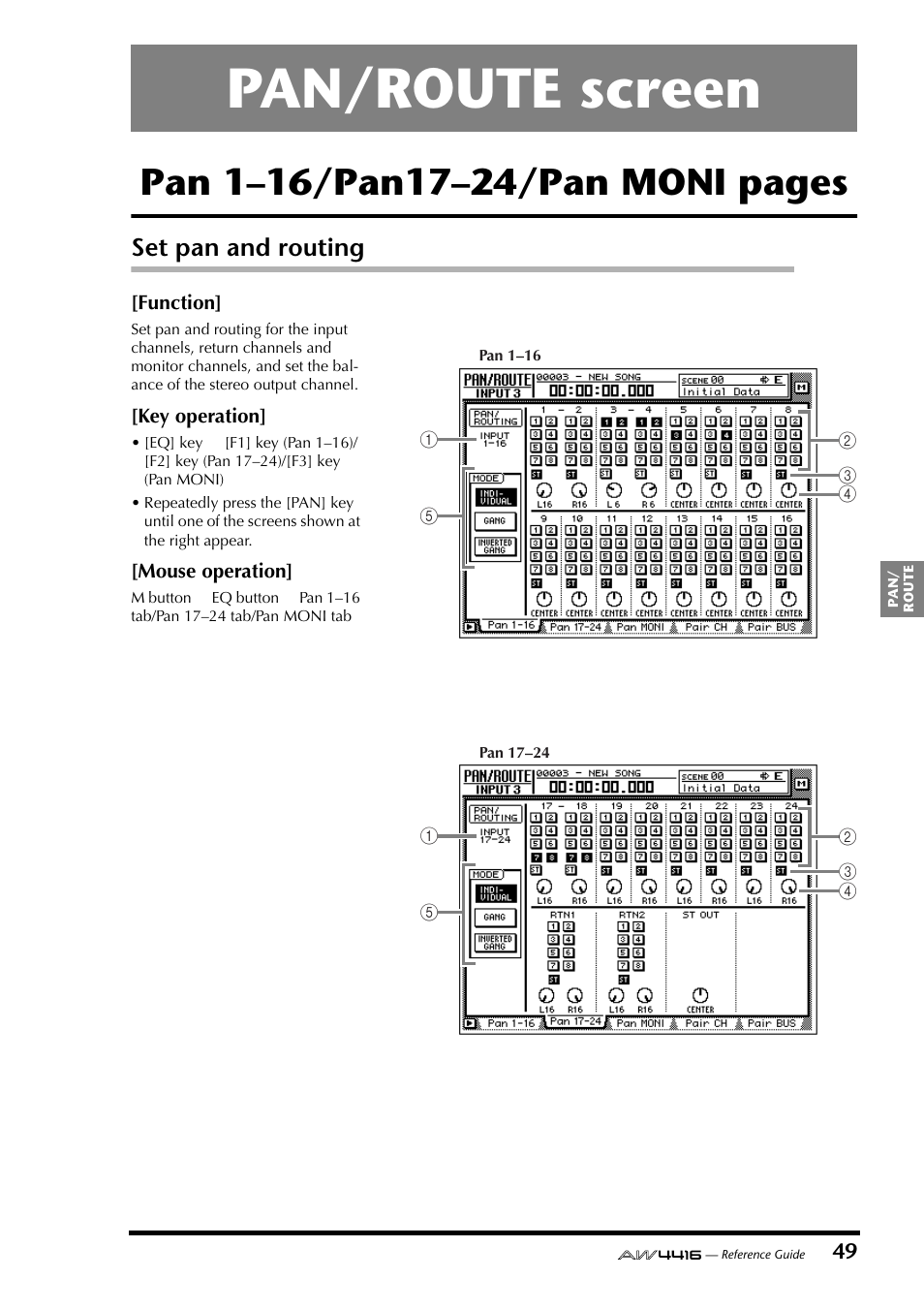 Pan/route screen, Set pan and routing | Yamaha Professional Audio Workstation AW4416 User Manual | Page 337 / 507