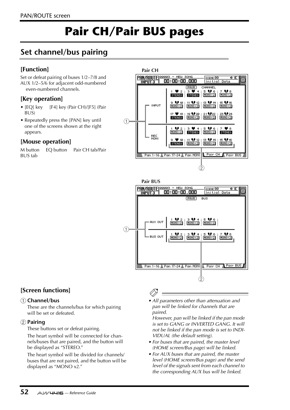Set channel/bus pairing, Pair ch/pair bus pages | Yamaha Professional Audio Workstation AW4416 User Manual | Page 340 / 507