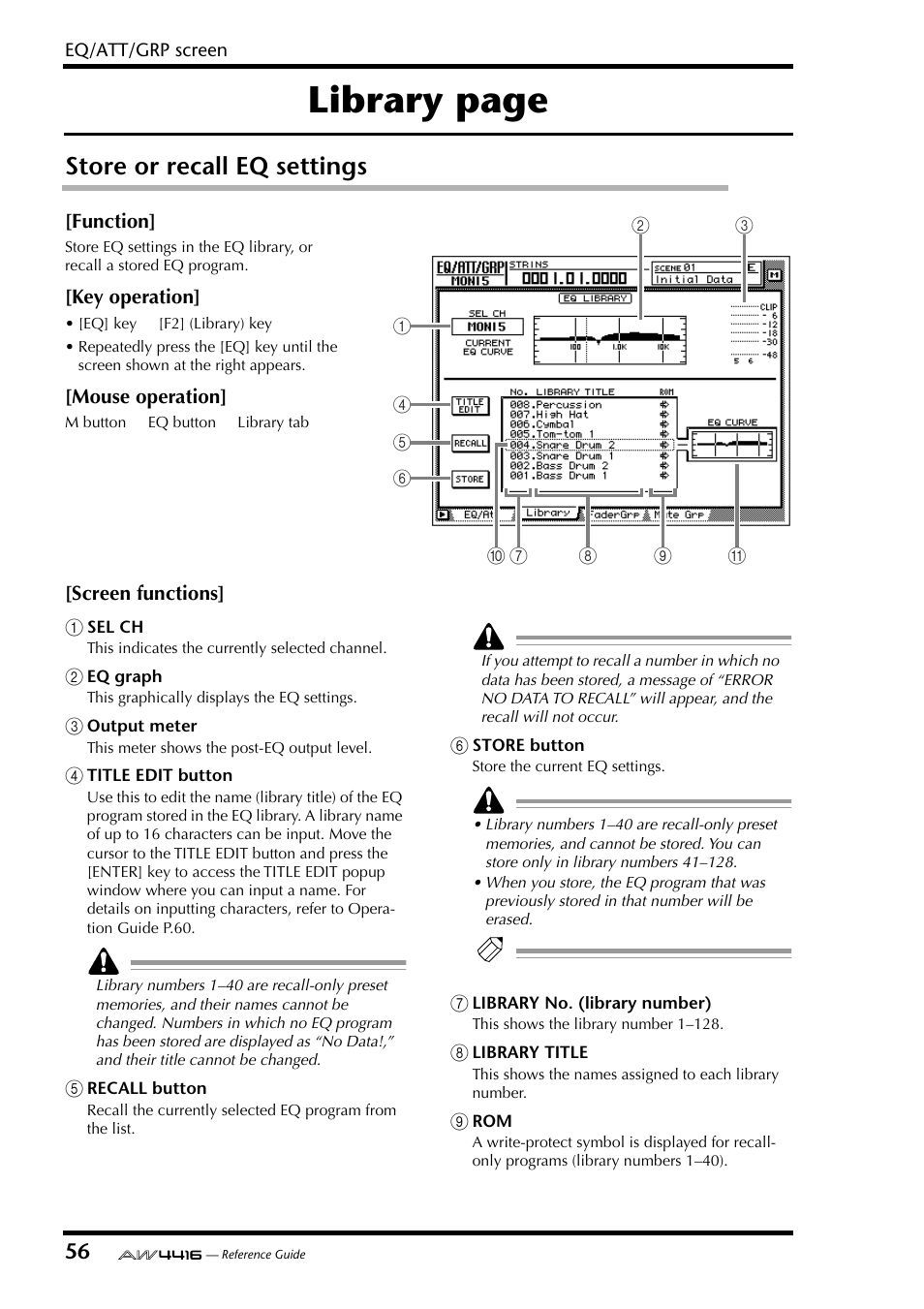 Store or recall eq settings, Library page | Yamaha Professional Audio Workstation AW4416 User Manual | Page 344 / 507