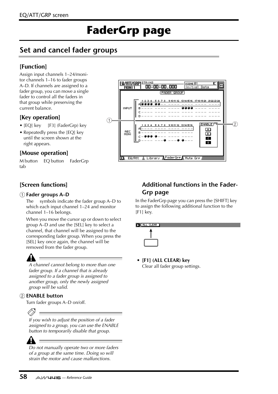 Set and cancel fader groups, Fadergrp page | Yamaha Professional Audio Workstation AW4416 User Manual | Page 346 / 507