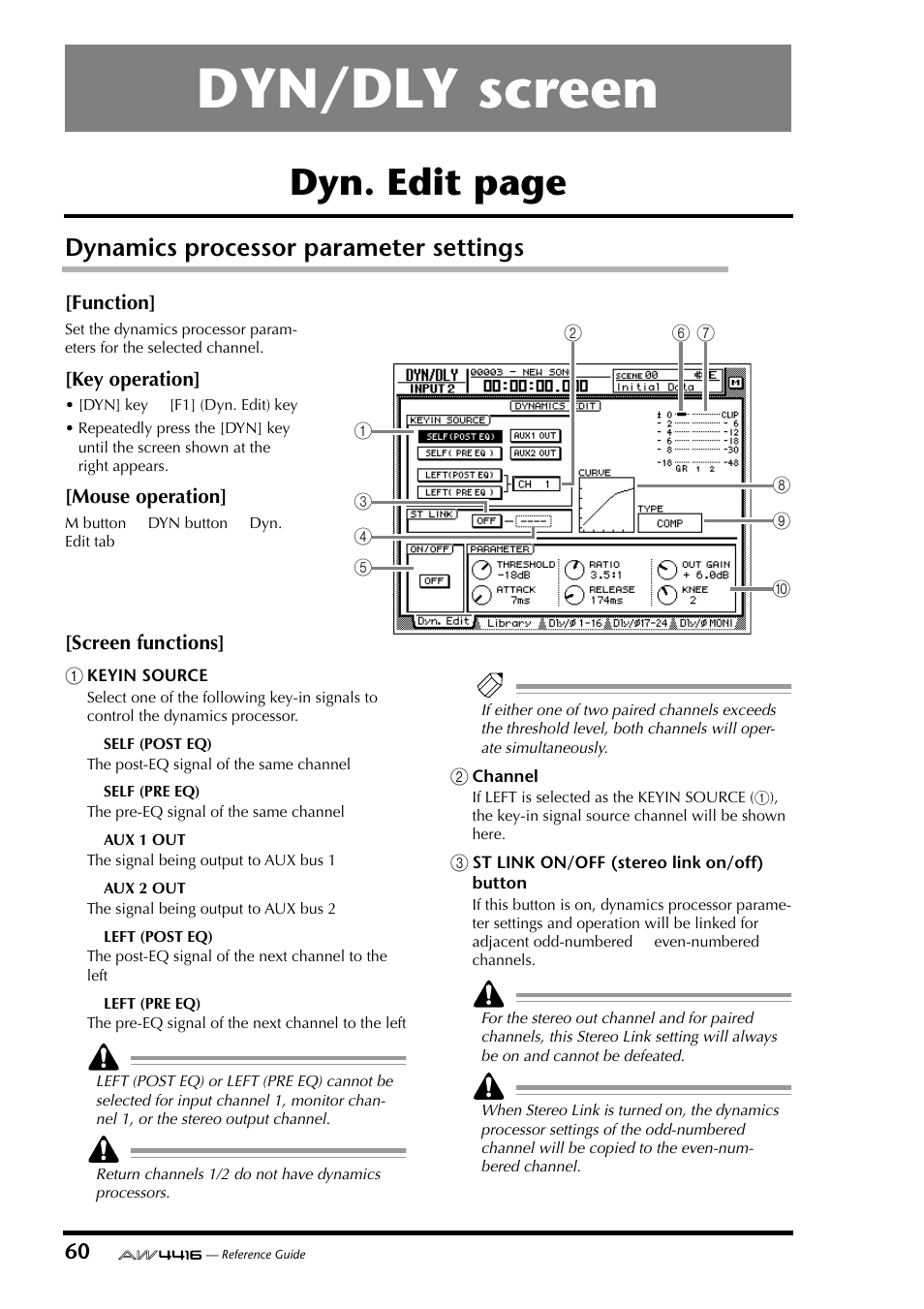 Dyn/dly screen, Dynamics processor parameter settings, Dyn. edit page | Yamaha Professional Audio Workstation AW4416 User Manual | Page 348 / 507