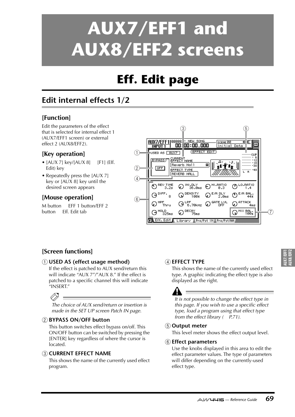 Aux7/eff1 and aux8/eff2 screens, Edit internal effects 1/2, Eff. edit page | Yamaha Professional Audio Workstation AW4416 User Manual | Page 357 / 507