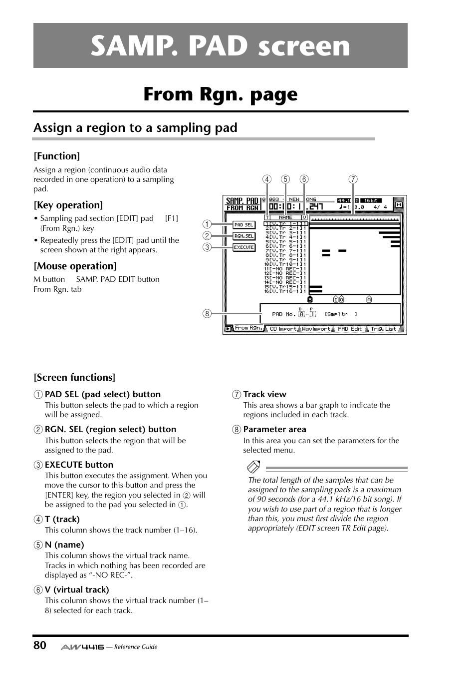 Samp. pad screen, Assign a region to a sampling pad | Yamaha Professional Audio Workstation AW4416 User Manual | Page 368 / 507