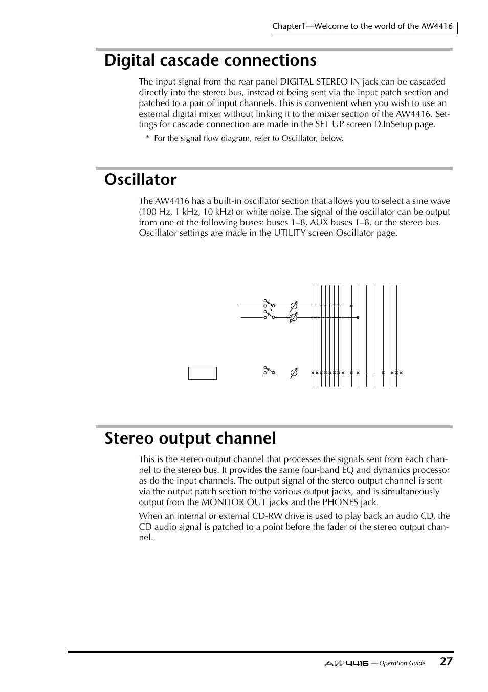 Digital cascade connections, Oscillator, Stereo output channel | Yamaha Professional Audio Workstation AW4416 User Manual | Page 42 / 507