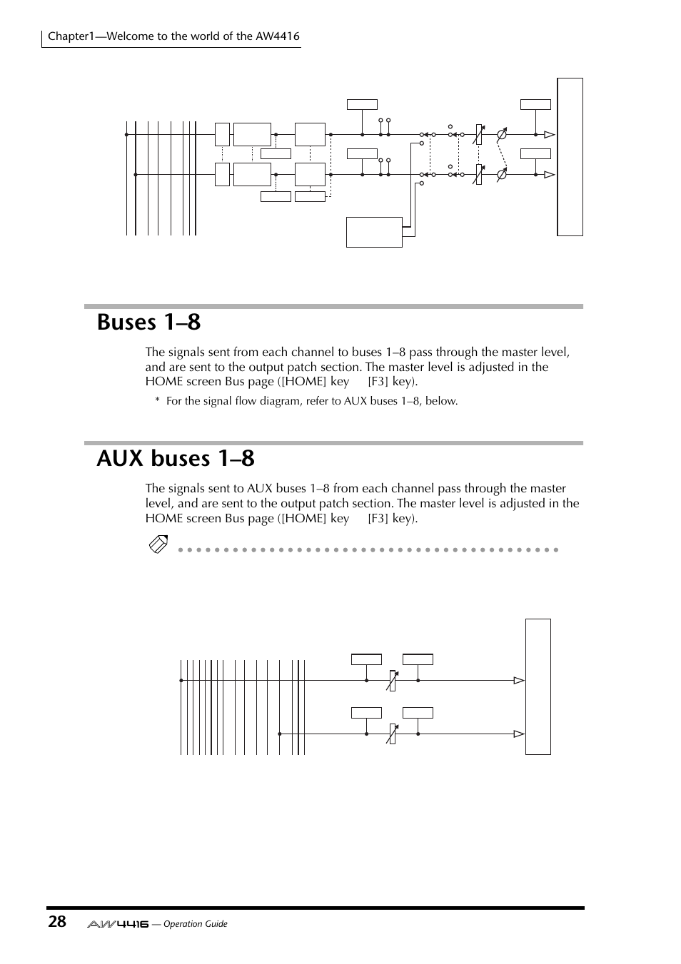 Buses 1ﾐ8, Aux buses 1ﾐ8, Buses 1–8 aux buses 1–8 | Buses 1–8, Aux buses 1–8 | Yamaha Professional Audio Workstation AW4416 User Manual | Page 43 / 507