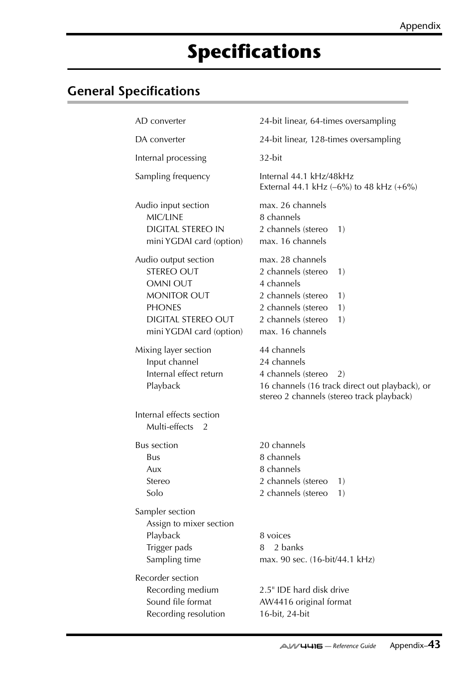 Specifications, General specifications | Yamaha Professional Audio Workstation AW4416 User Manual | Page 459 / 507