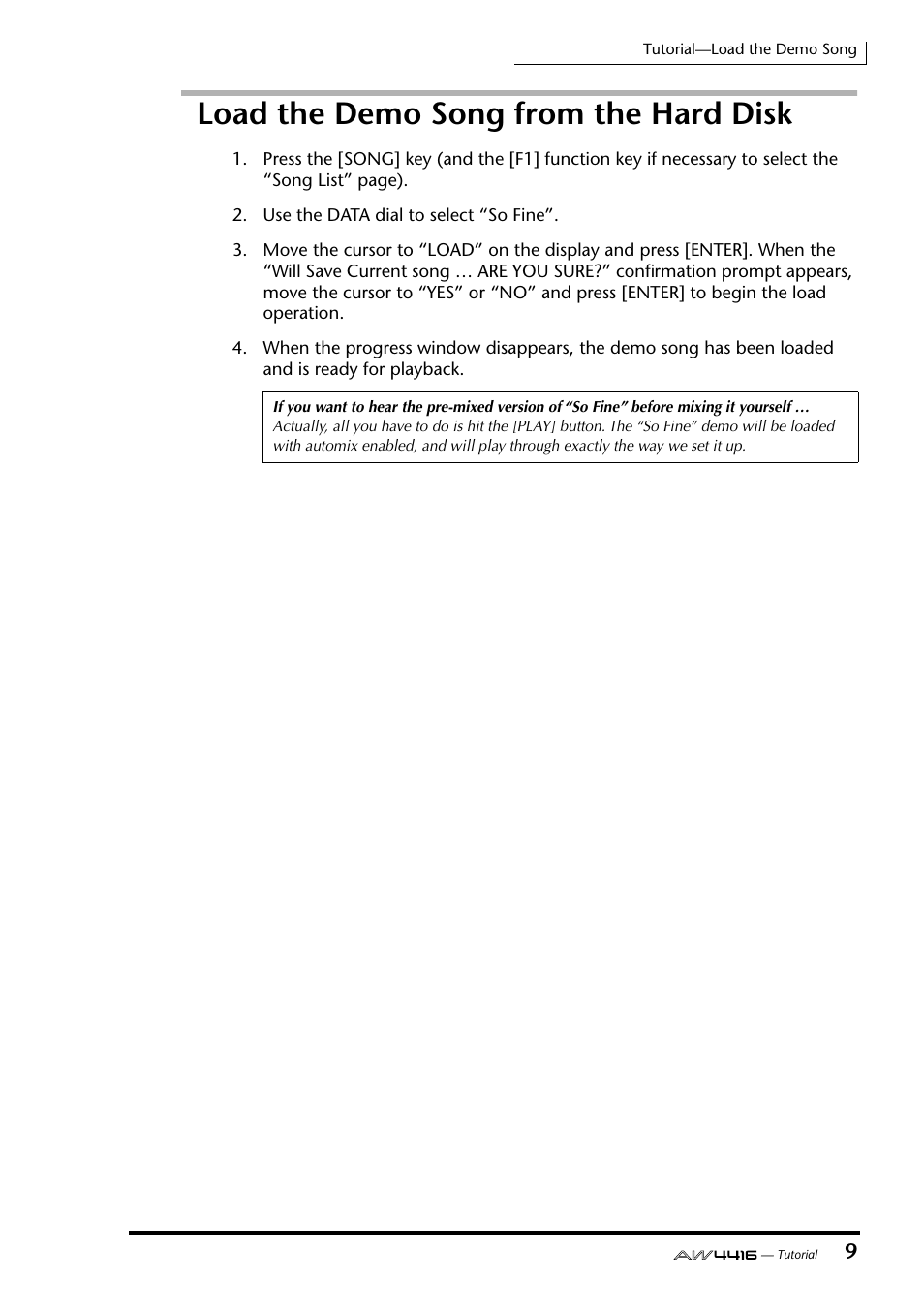 Load the demo song from the hard disk | Yamaha Professional Audio Workstation AW4416 User Manual | Page 482 / 507