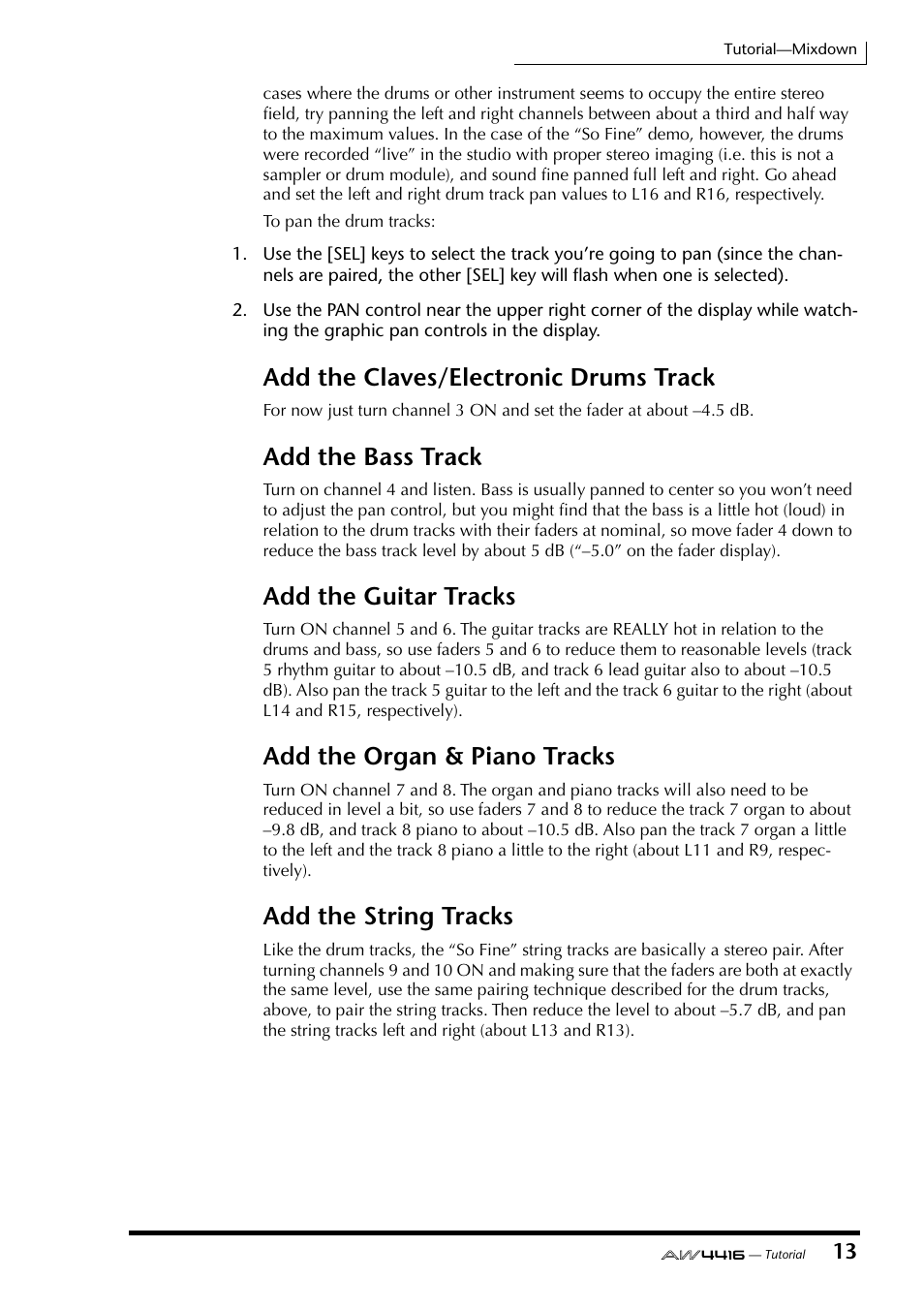 Add the claves/electronic drums track, Add the bass track, Add the guitar tracks | Add the organ & piano tracks, Add the string tracks | Yamaha Professional Audio Workstation AW4416 User Manual | Page 486 / 507