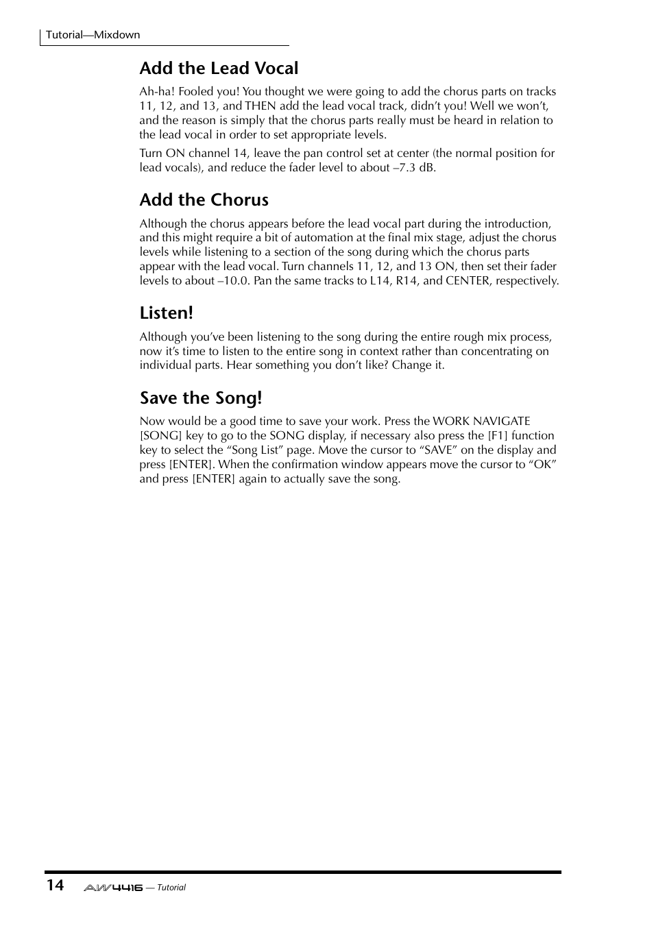 Add the lead vocal, Add the chorus, Listen | Save the song | Yamaha Professional Audio Workstation AW4416 User Manual | Page 487 / 507