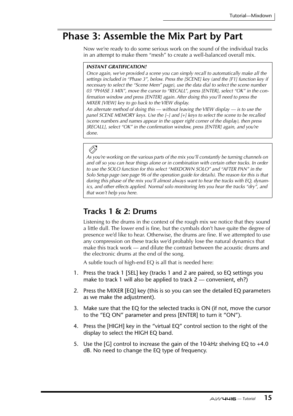 Phase 3: assemble the mix part by part, Tracks 1 & 2: drums | Yamaha Professional Audio Workstation AW4416 User Manual | Page 488 / 507