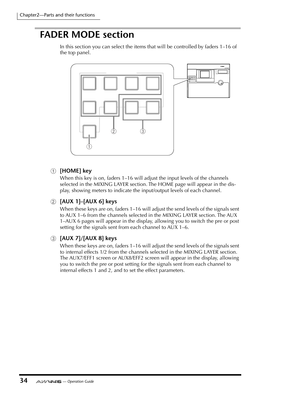 Fader mode section, 1[home] key, B[aux 1]–[aux 6] keys | C[aux 7]/[aux 8] keys | Yamaha Professional Audio Workstation AW4416 User Manual | Page 49 / 507