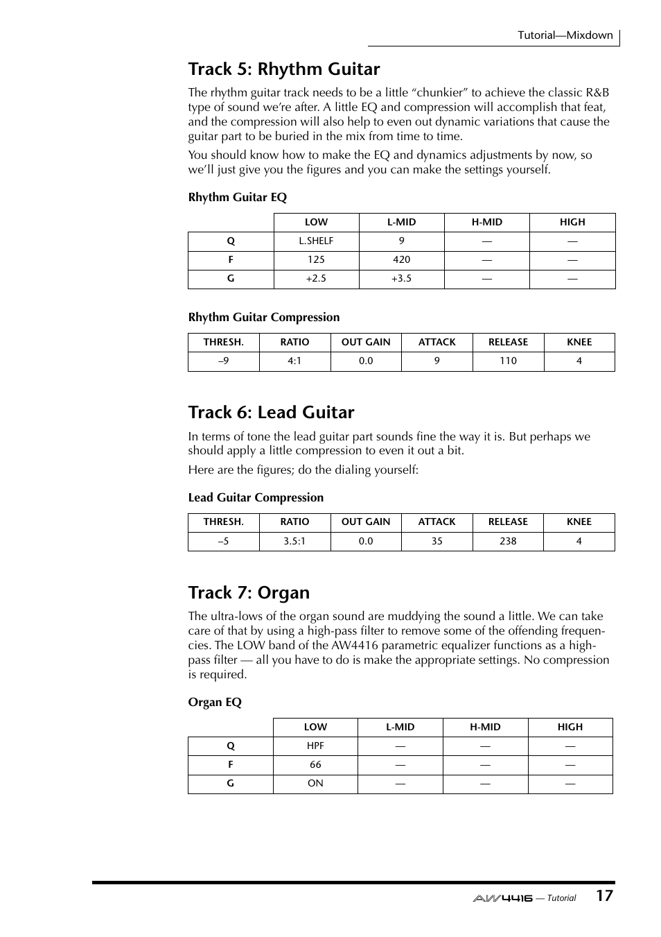 Track 5: rhythm guitar, Track 6: lead guitar, Track 7: organ | Yamaha Professional Audio Workstation AW4416 User Manual | Page 490 / 507