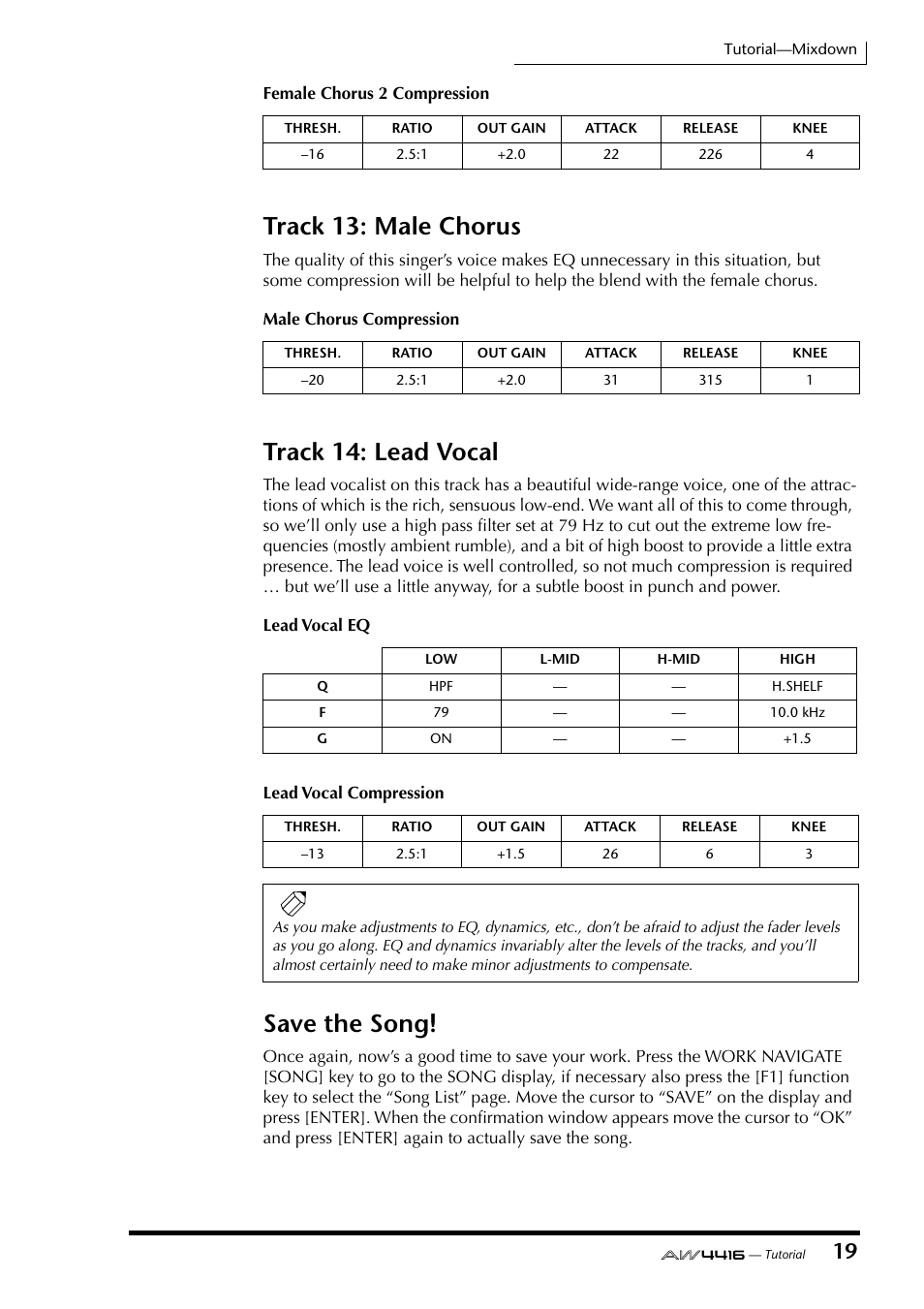 Track 13: male chorus, Track 14: lead vocal, Save the song | Yamaha Professional Audio Workstation AW4416 User Manual | Page 492 / 507