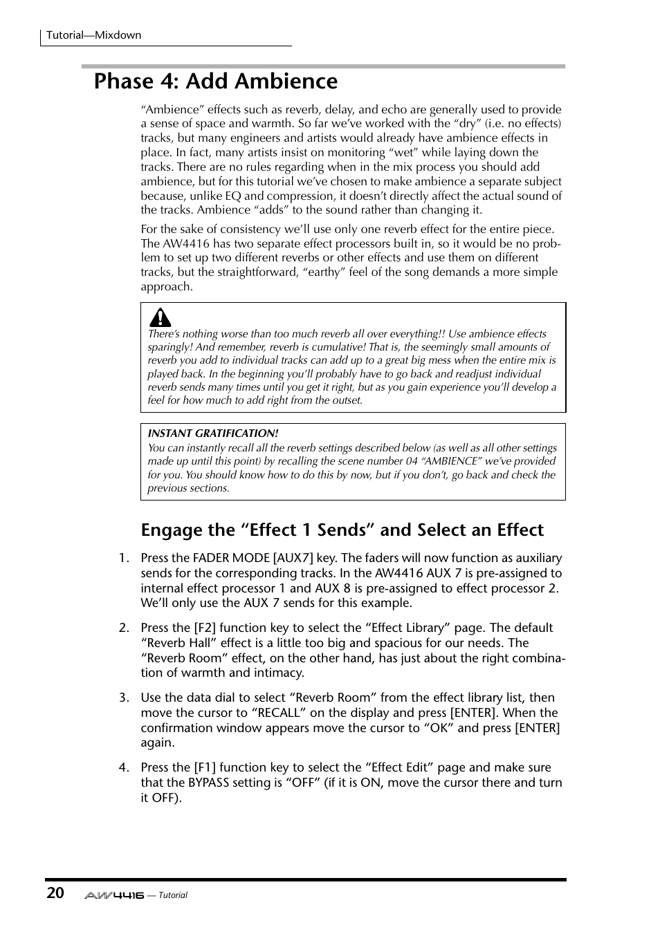 Phase 4: add ambience, Engage the “effect 1 sends” and select an effect | Yamaha Professional Audio Workstation AW4416 User Manual | Page 493 / 507