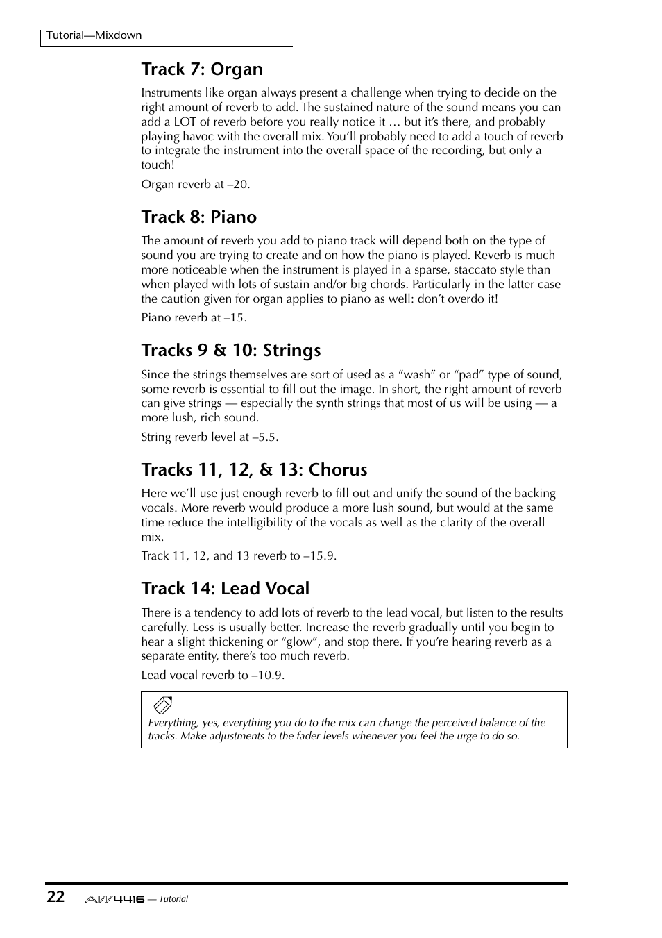 Track 7: organ track 8: piano, Track 7: organ, Track 8: piano | Tracks 9 & 10: strings, Track 14: lead vocal | Yamaha Professional Audio Workstation AW4416 User Manual | Page 495 / 507