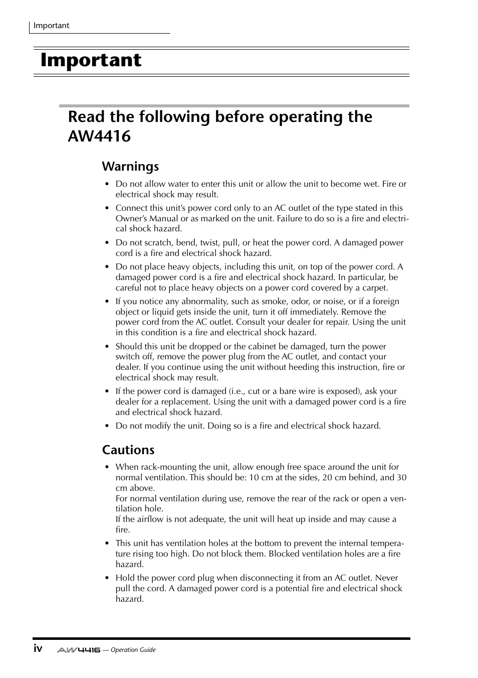 Important, Read the following before operating the aw4416, Warnings | Cautions | Yamaha Professional Audio Workstation AW4416 User Manual | Page 5 / 507