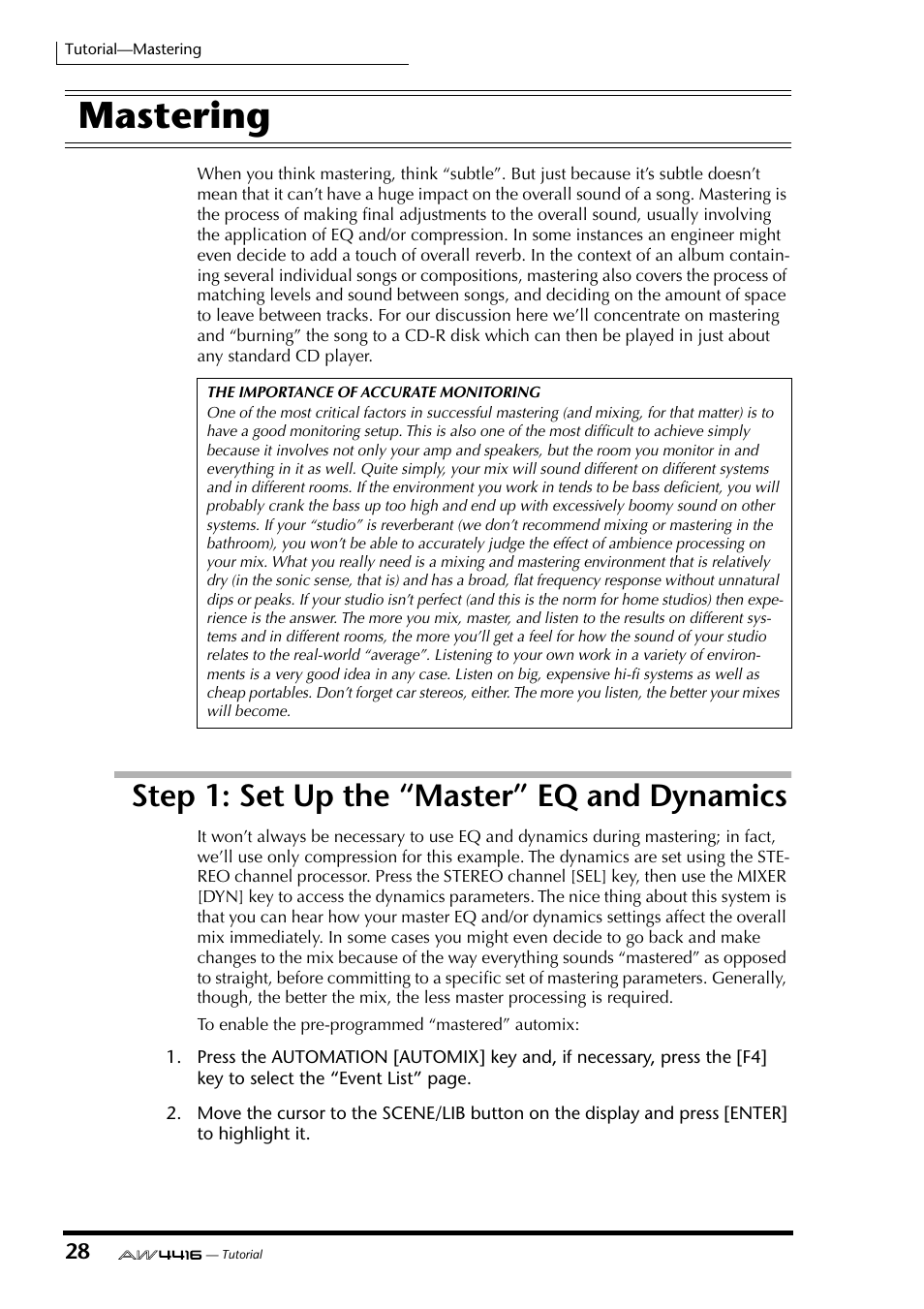 Mastering, Step 1: set up the “master” eq and dynamics | Yamaha Professional Audio Workstation AW4416 User Manual | Page 501 / 507