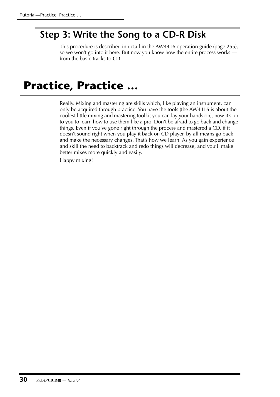 Step 3: write the song to a cd-r disk, Practice, practice | Yamaha Professional Audio Workstation AW4416 User Manual | Page 503 / 507