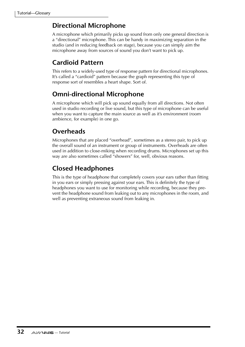 Directional microphone, Cardioid pattern, Omni-directional microphone | Overheads, Closed headphones | Yamaha Professional Audio Workstation AW4416 User Manual | Page 505 / 507