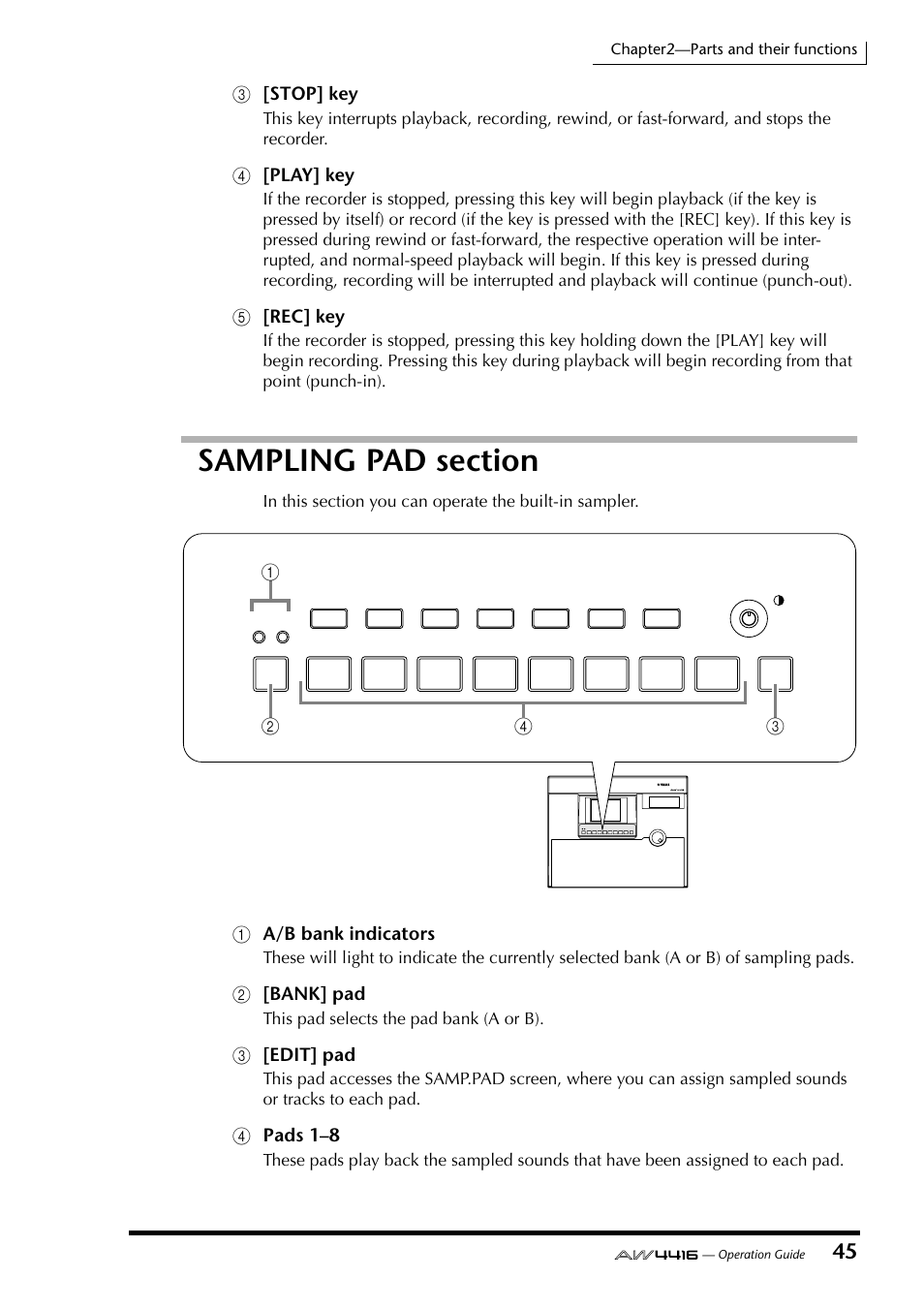 Sampling pad section, C[stop] key, D[play] key | E[rec] key, 1a/b bank indicators, B[bank] pad, C[edit] pad, Dpads 1–8 | Yamaha Professional Audio Workstation AW4416 User Manual | Page 60 / 507