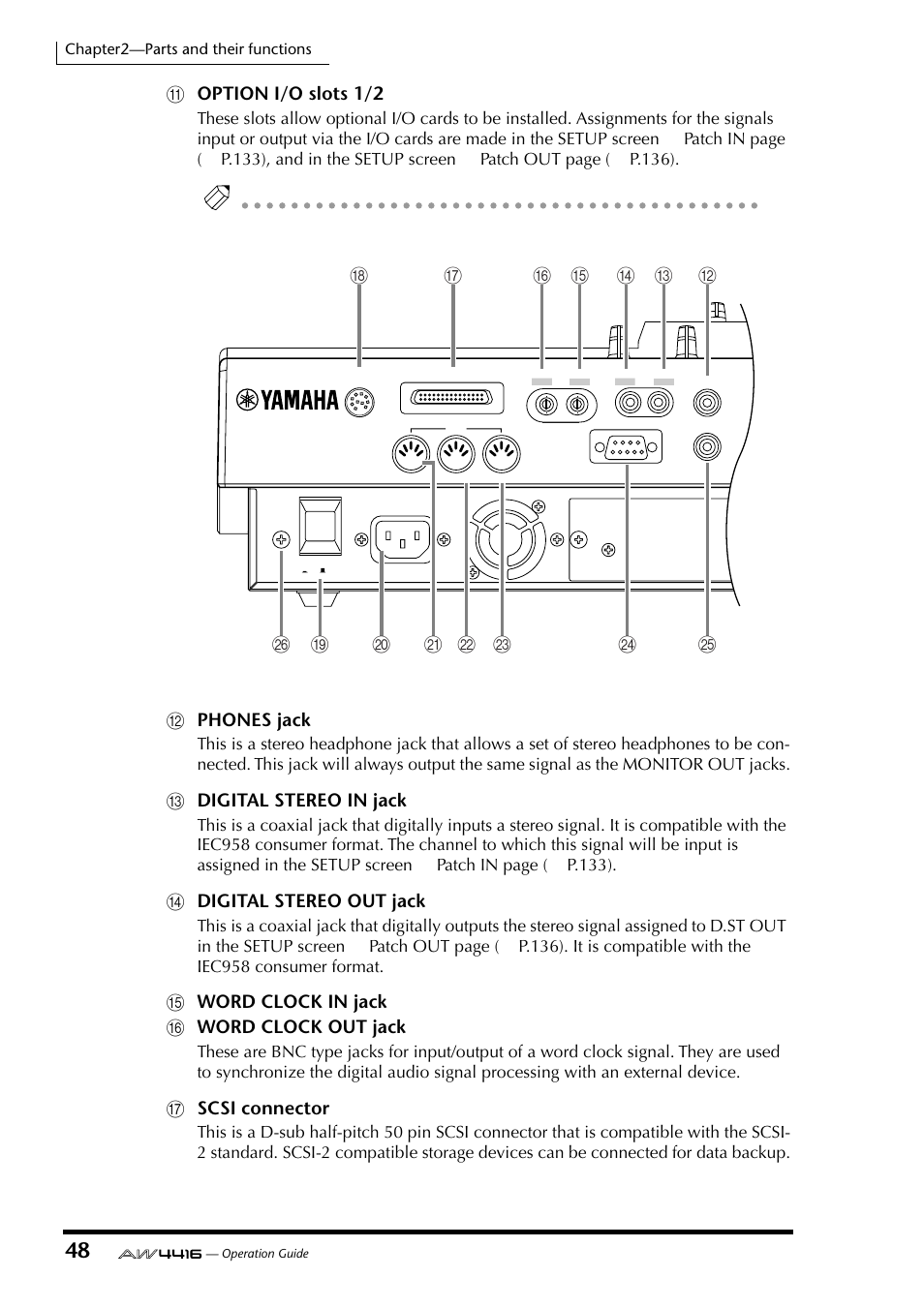 Koption i/o slots 1/2, Lphones jack, Mdigital stereo in jack | Ndigital stereo out jack, Oword clock in jack p word clock out jack, Qscsi connector | Yamaha Professional Audio Workstation AW4416 User Manual | Page 63 / 507
