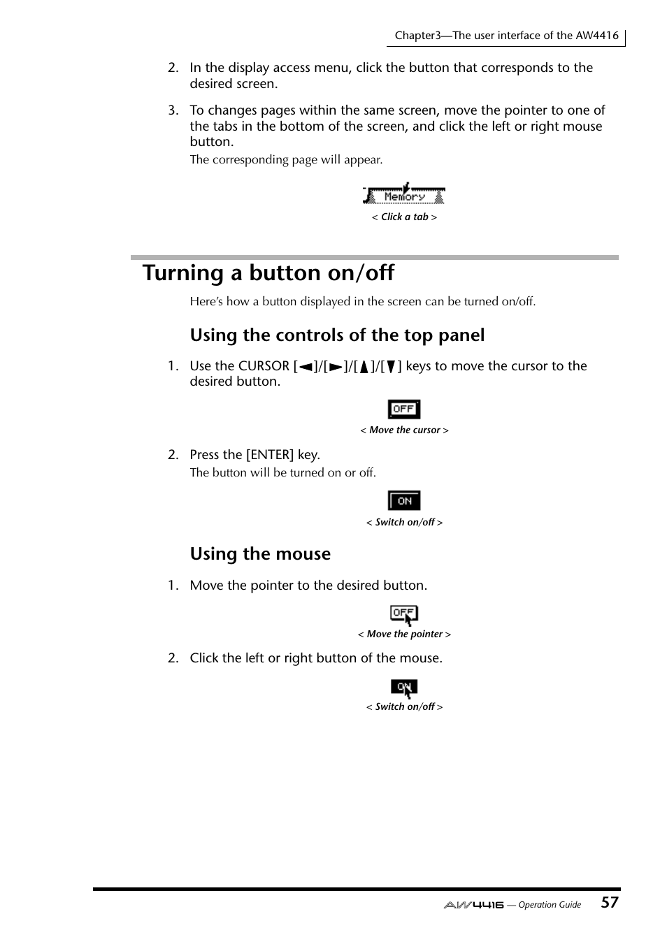 Turning a button on/off, Using the controls of the top panel, Using the mouse | Yamaha Professional Audio Workstation AW4416 User Manual | Page 72 / 507