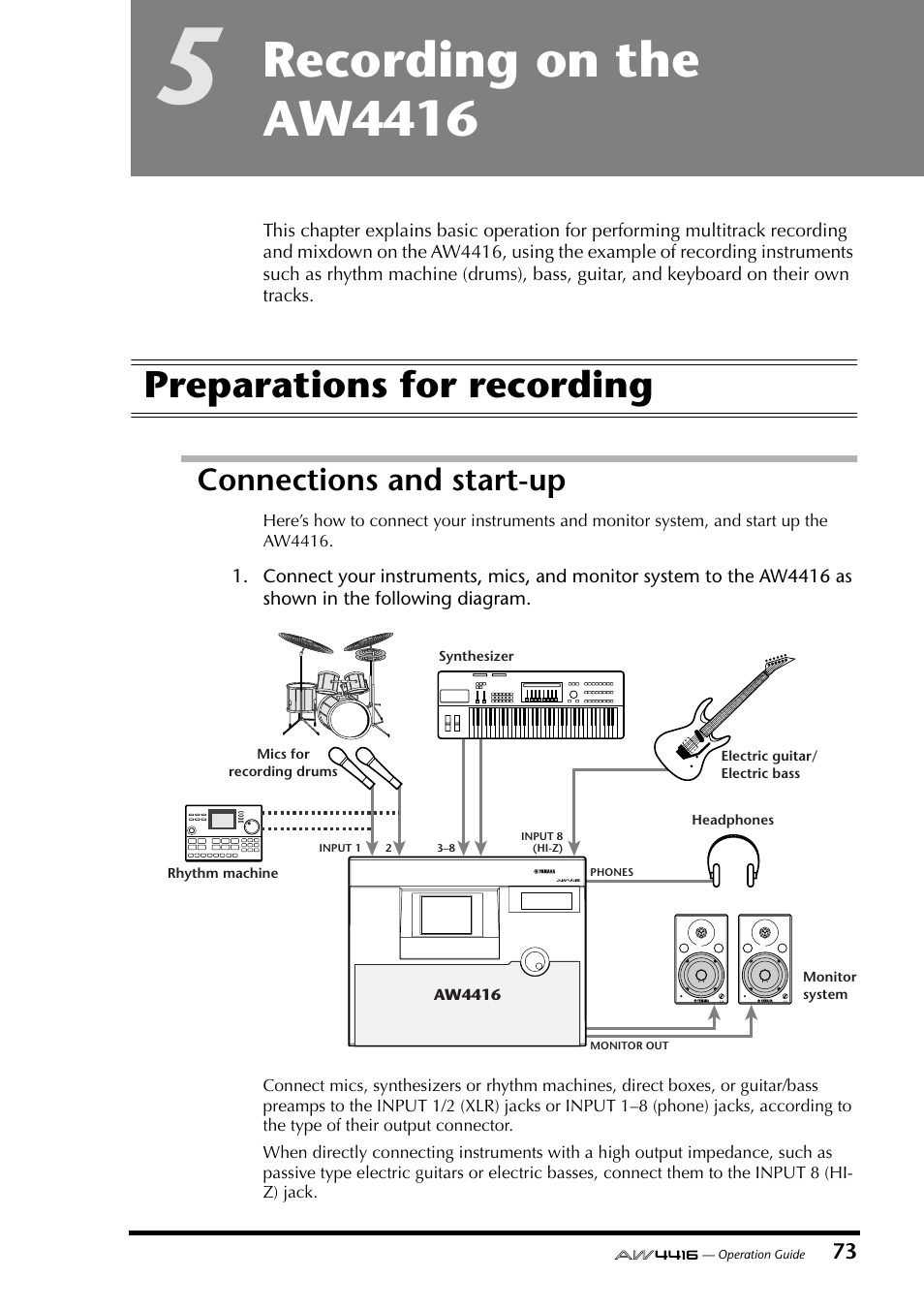 5 recording on the aw4416, Preparations for recording, Connections and start-up | Chapter 5, Recording on the aw4416 | Yamaha Professional Audio Workstation AW4416 User Manual | Page 88 / 507