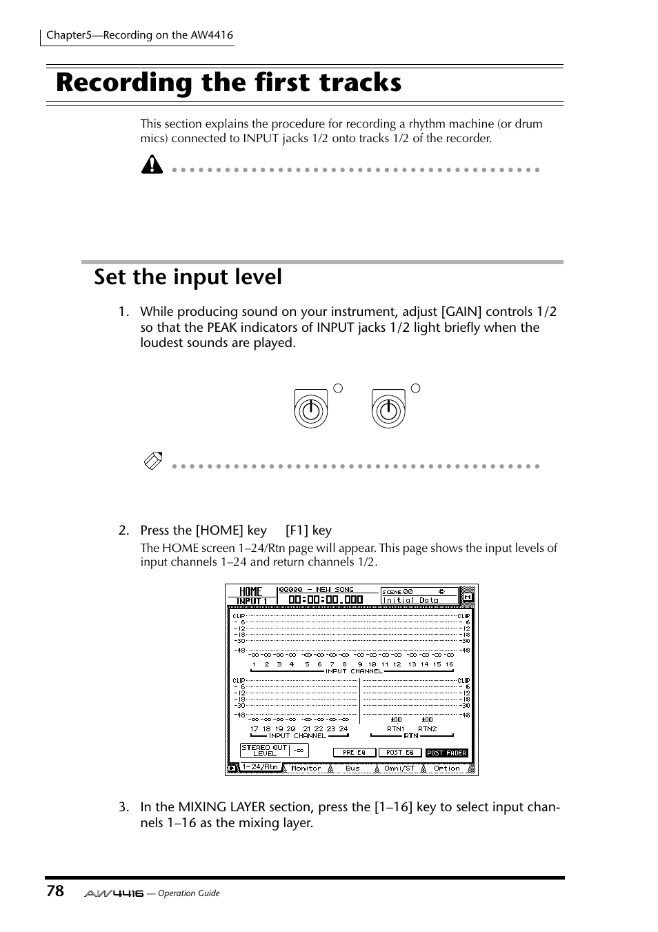 Recording the first tracks, Set the input level | Yamaha Professional Audio Workstation AW4416 User Manual | Page 93 / 507