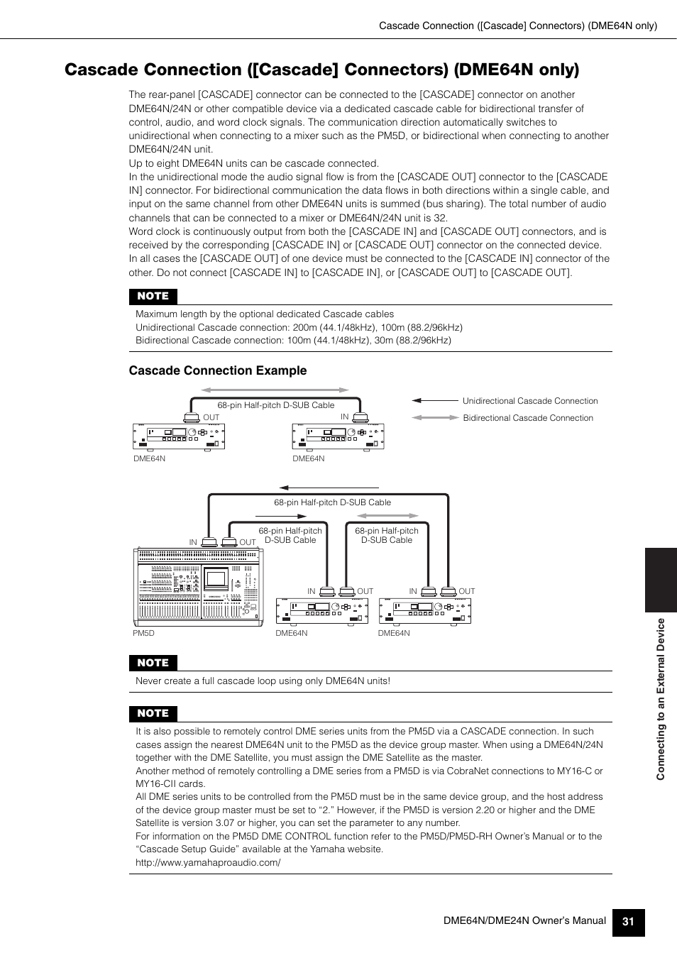 Cascade connection ([cascade] connectors), Dme64n only), Cascade connection example | Yamaha 1009MWTO-F0 User Manual | Page 31 / 80