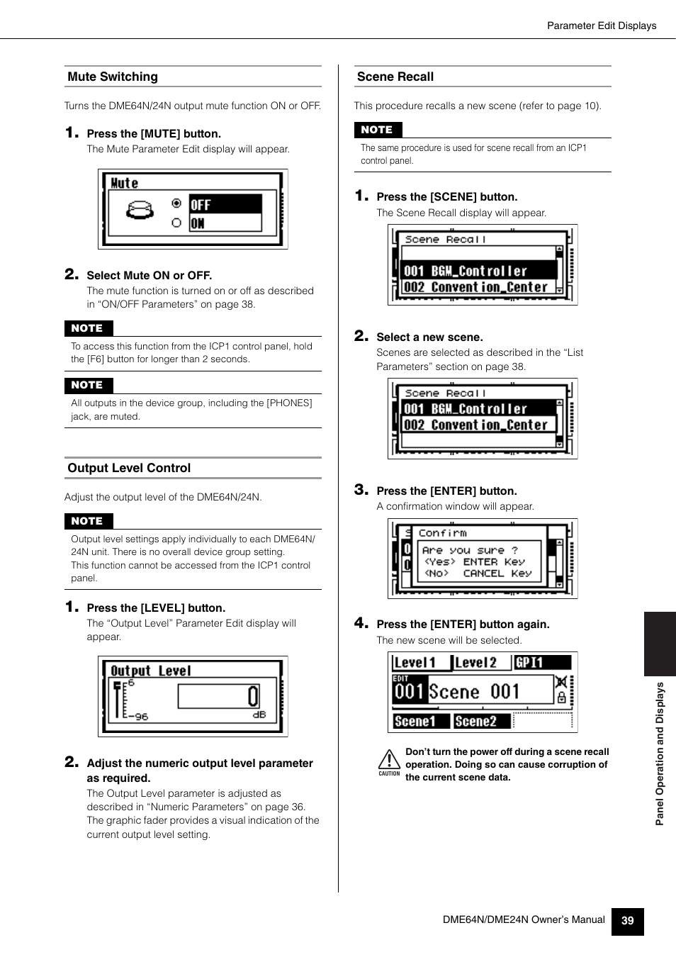 Mute switching, Output level control, Scene recall | Yamaha 1009MWTO-F0 User Manual | Page 39 / 80