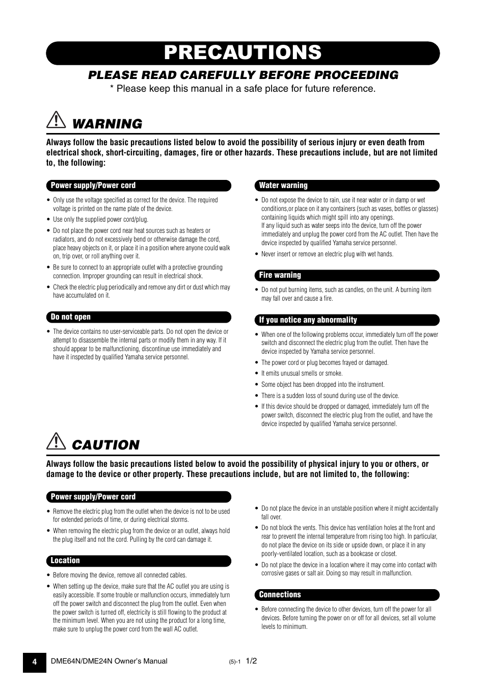 Precautions, Warning, Caution | Please read carefully before proceeding | Yamaha 1009MWTO-F0 User Manual | Page 4 / 80