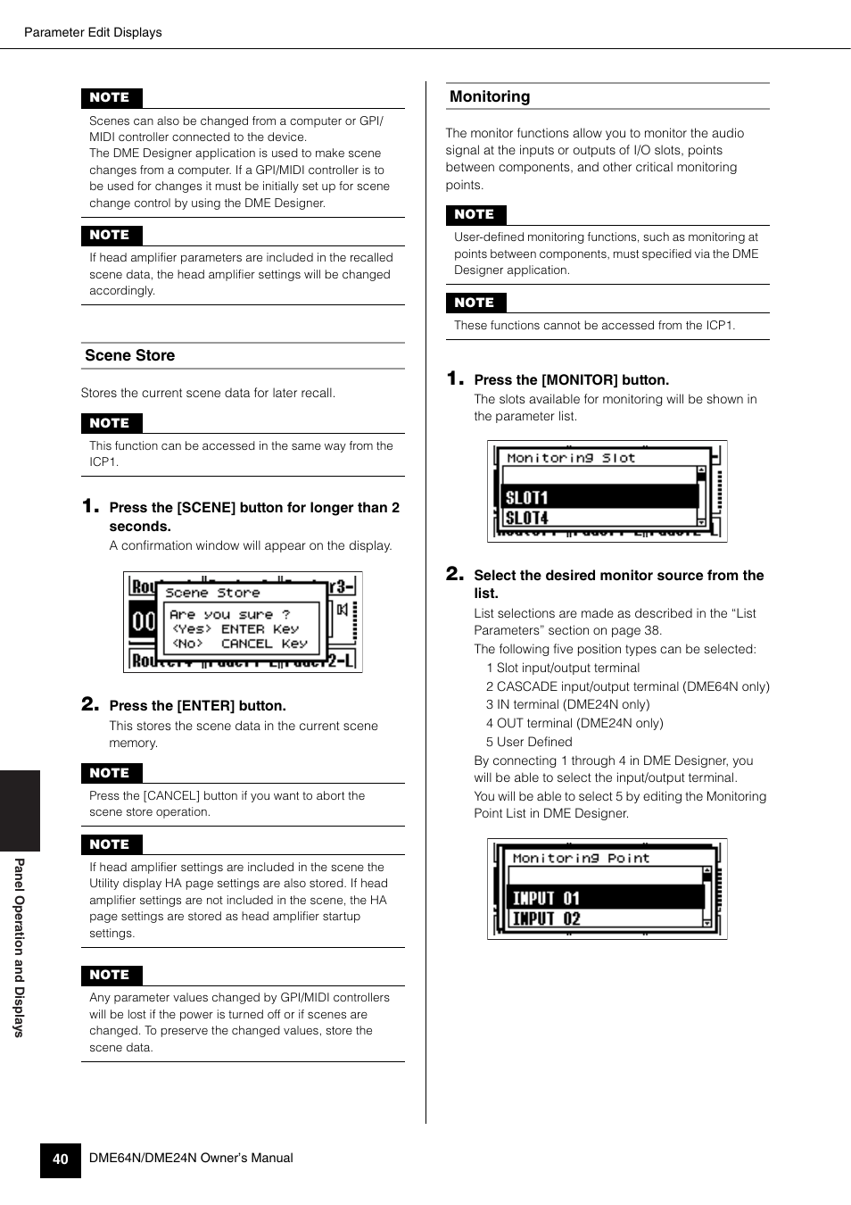 Scene store, Monitoring | Yamaha 1009MWTO-F0 User Manual | Page 40 / 80