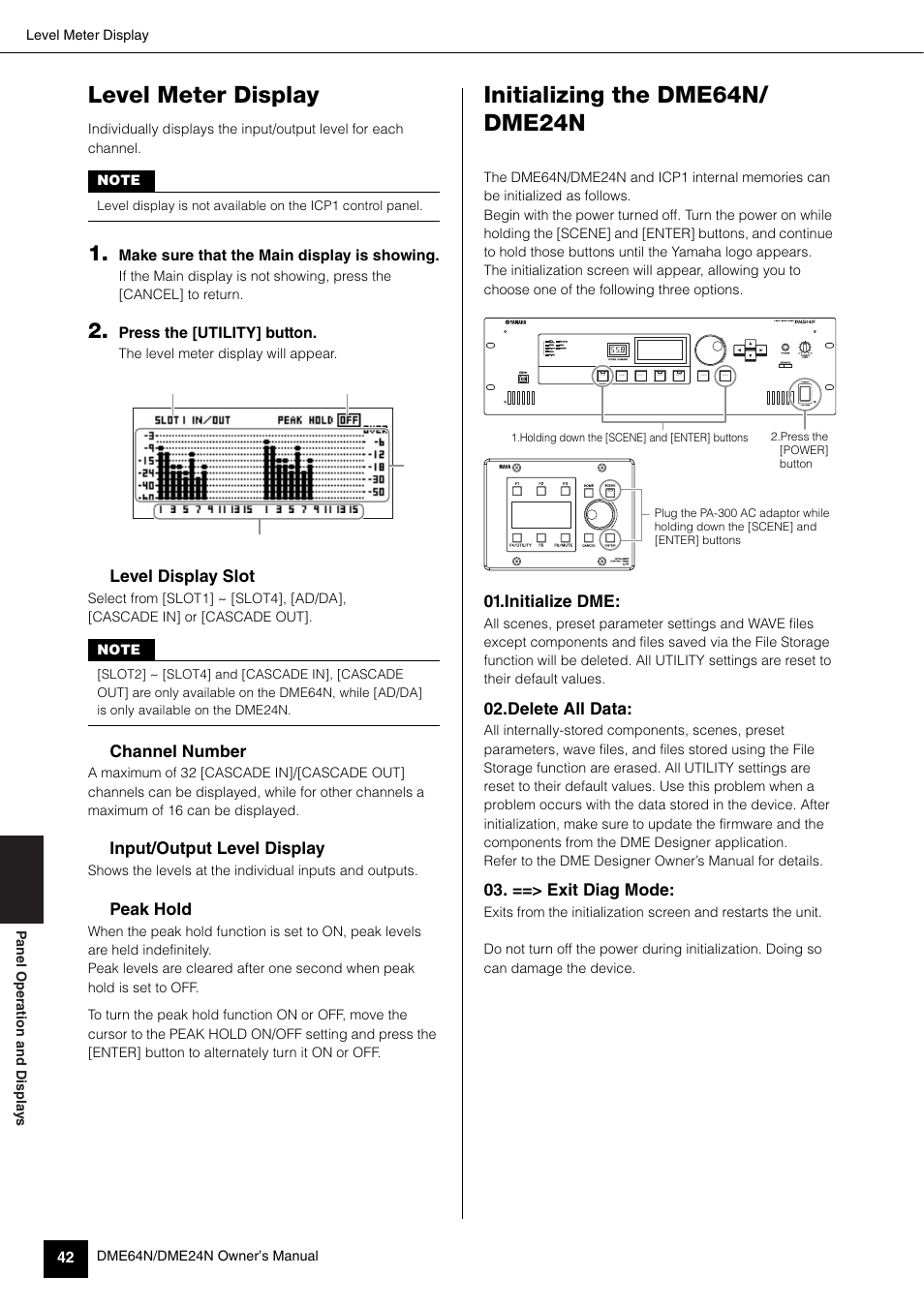 Level meter display, Initializing the dme64n/ dme24n, Initializing the dme64n/dme24n | Yamaha 1009MWTO-F0 User Manual | Page 42 / 80