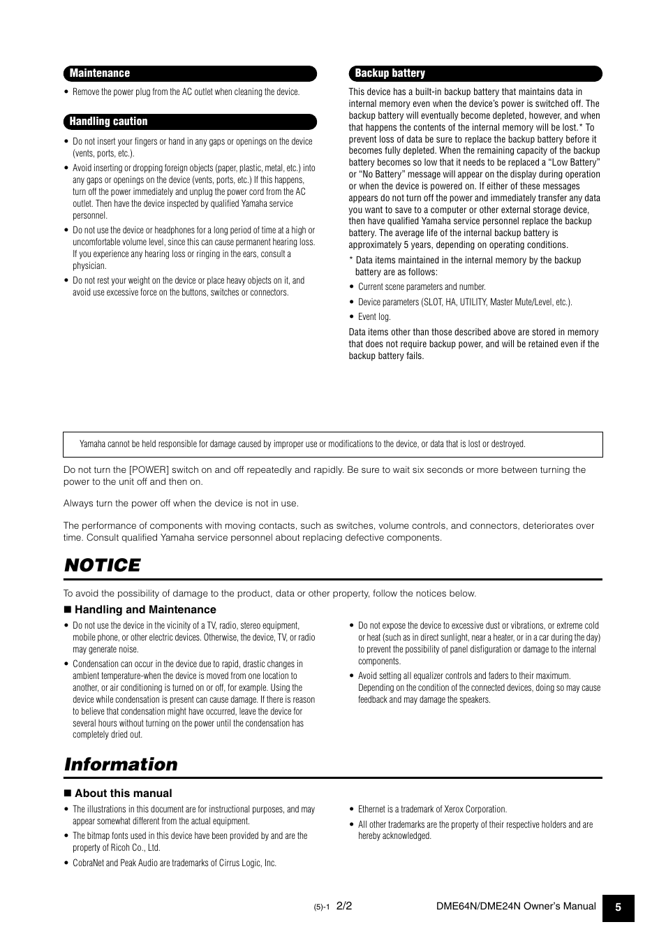 Notice, Information | Yamaha 1009MWTO-F0 User Manual | Page 5 / 80