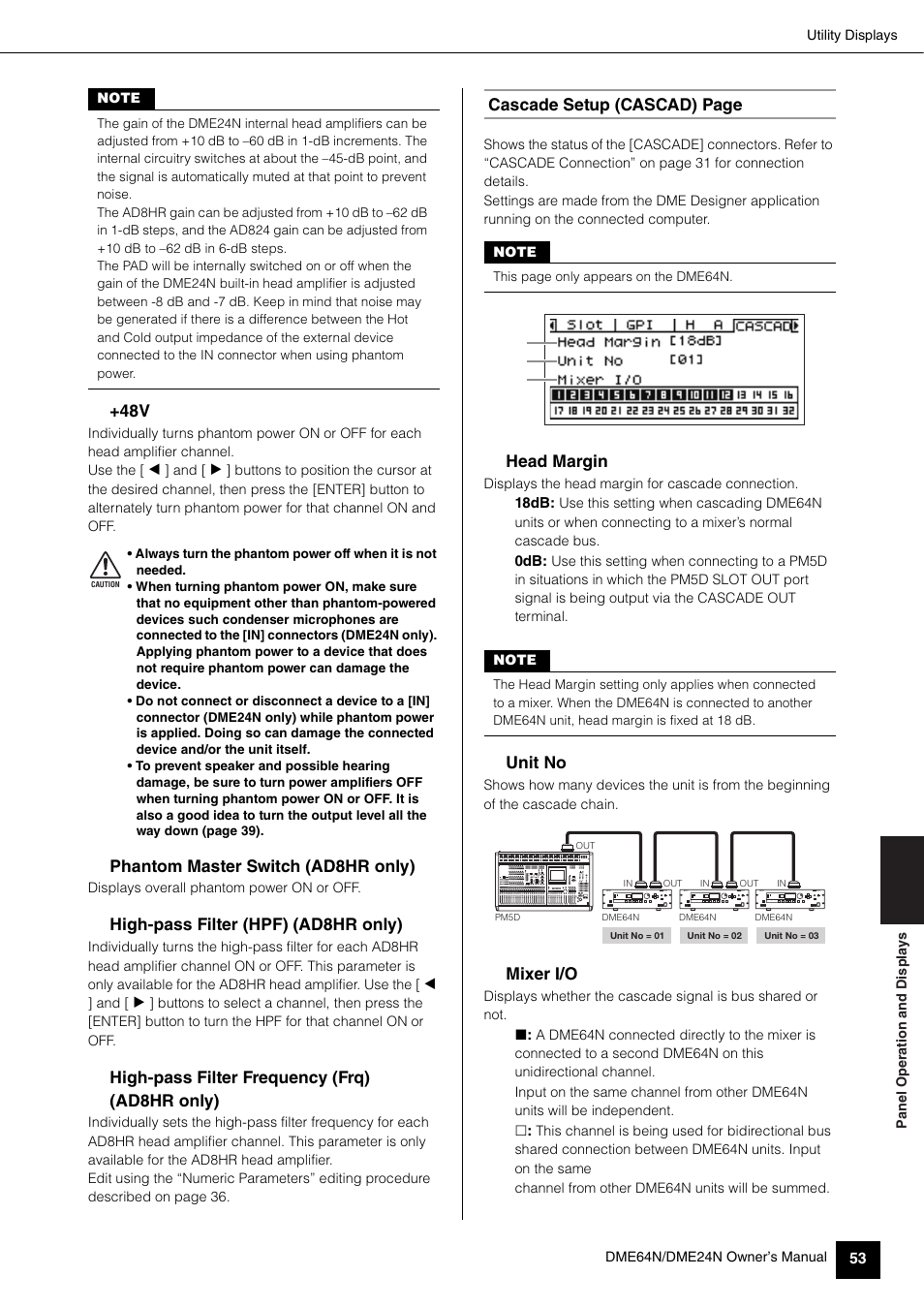 Phantom master switch (ad8hr only), High-pass filter (hpf) (ad8hr only), High-pass filter frequency (frq) (ad8hr only) | Cascade setup (cascad) page, Head margin, Unit no, Mixer i/o | Yamaha 1009MWTO-F0 User Manual | Page 53 / 80